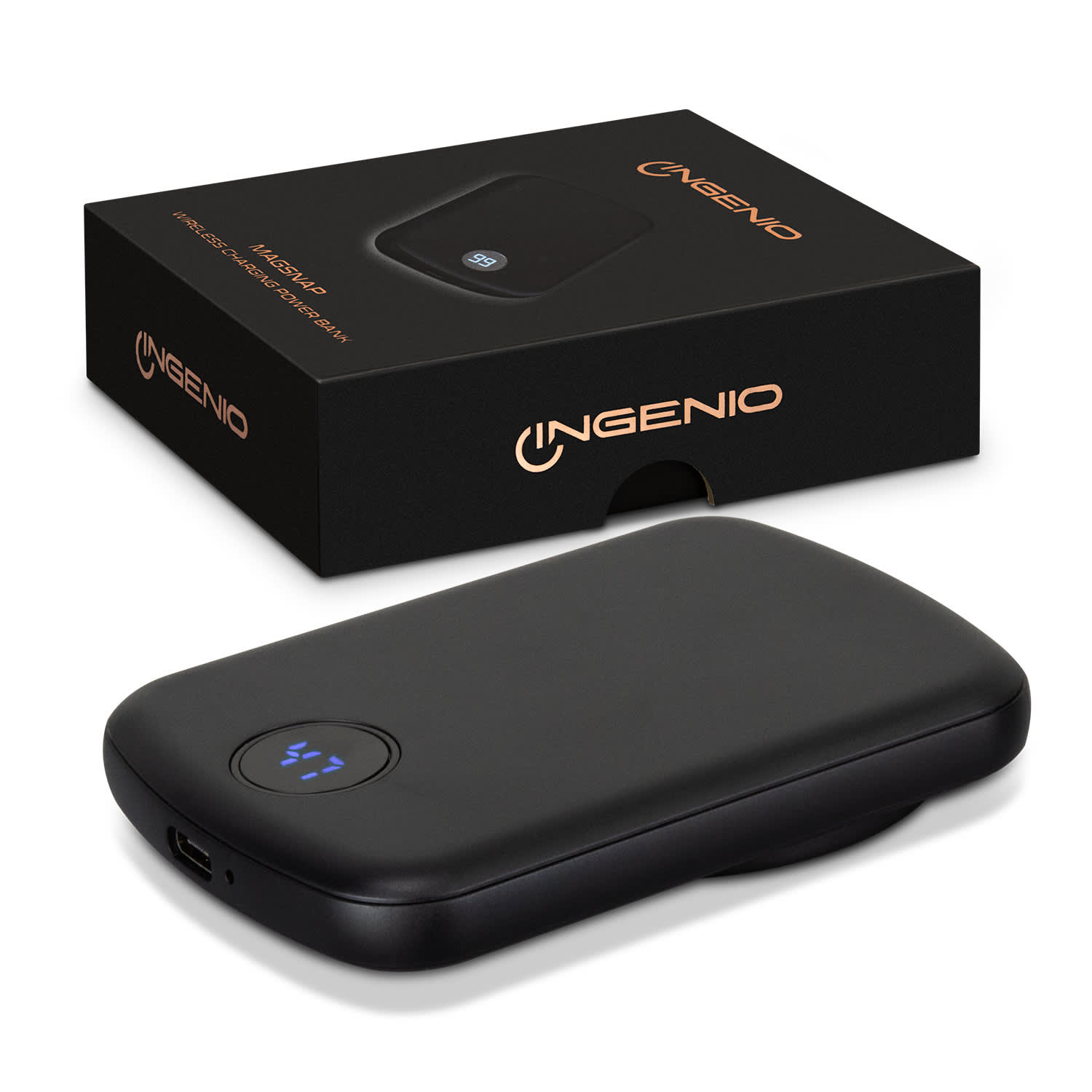 A black wireless charging power bank with a sleek design, accompanied by a matching box featuring a logo. INGENIO MagSnap Wireless Charging Power Bank - Image 1