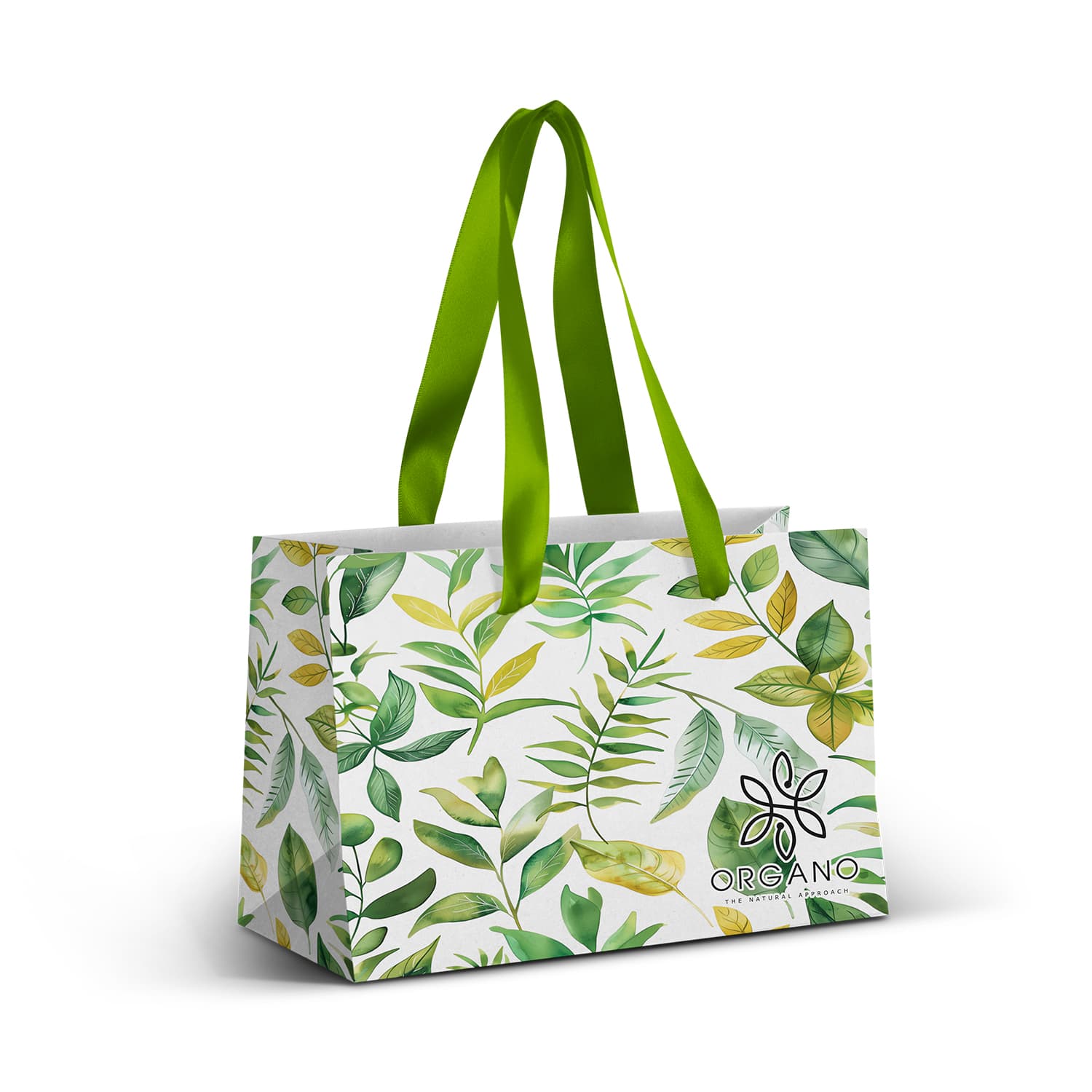 A small paper bag featuring a full-colour design of green leaves, with a green ribbon handle and a logo. Small Ribbon Handle Paper Bag - Full Colour - Image 1