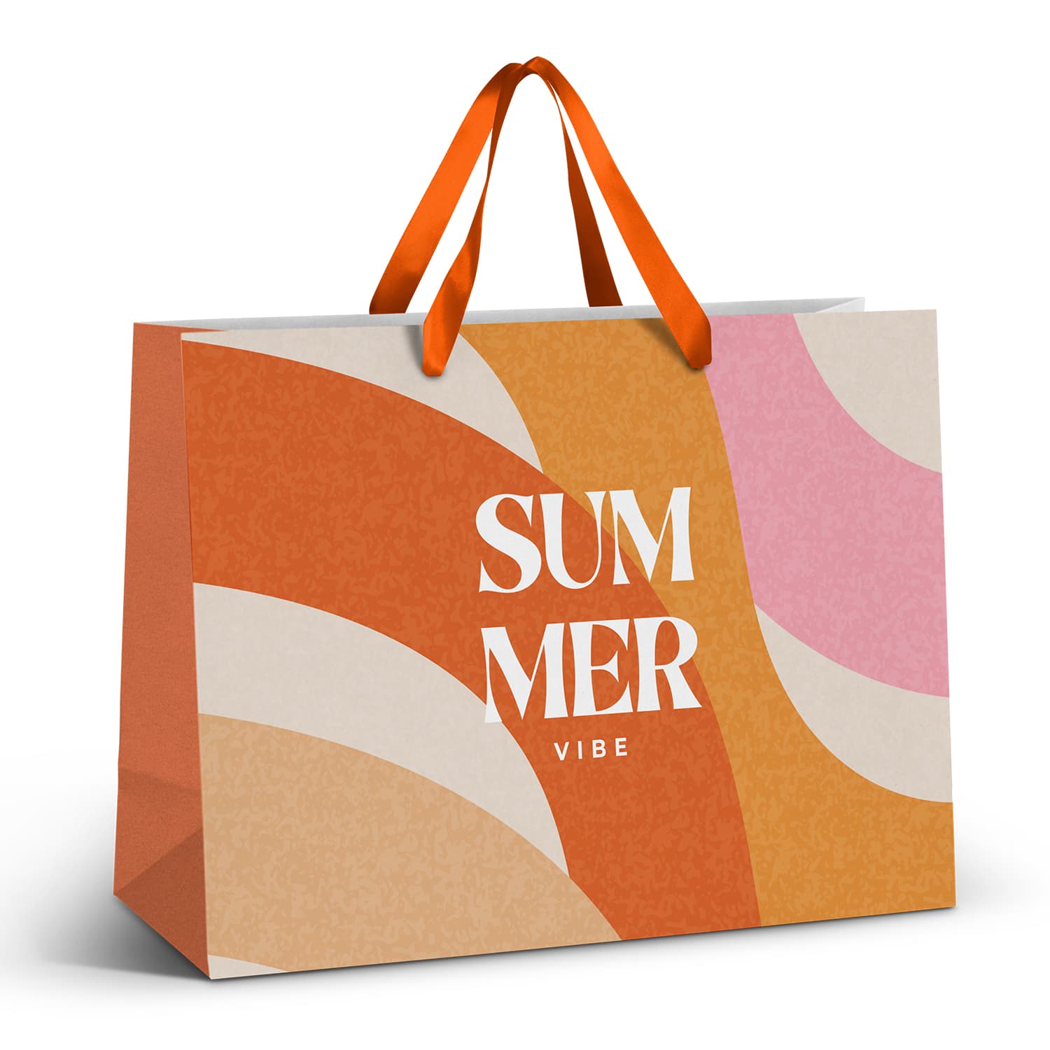 A large paper bag featuring orange, pink, and cream waves, with orange ribbon handles and a logo. Extra Large Ribbon Handle Paper Bag - Full Colour - Image 1