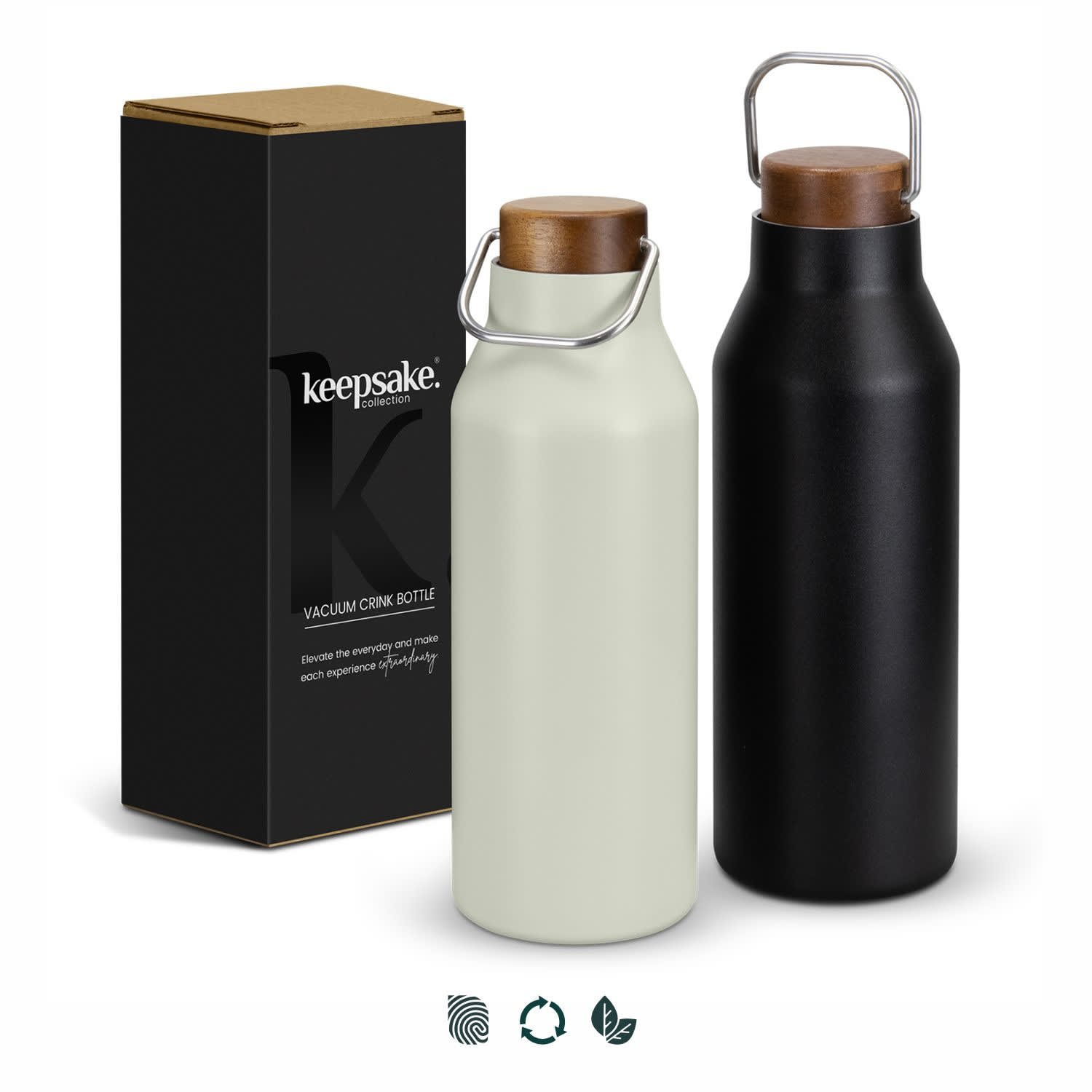 A drink bottle set featuring a cream and a black vacuum cork bottle, accompanied by a simple box with a logo. Keepsake Vacuum Drink Bottle - Image 1