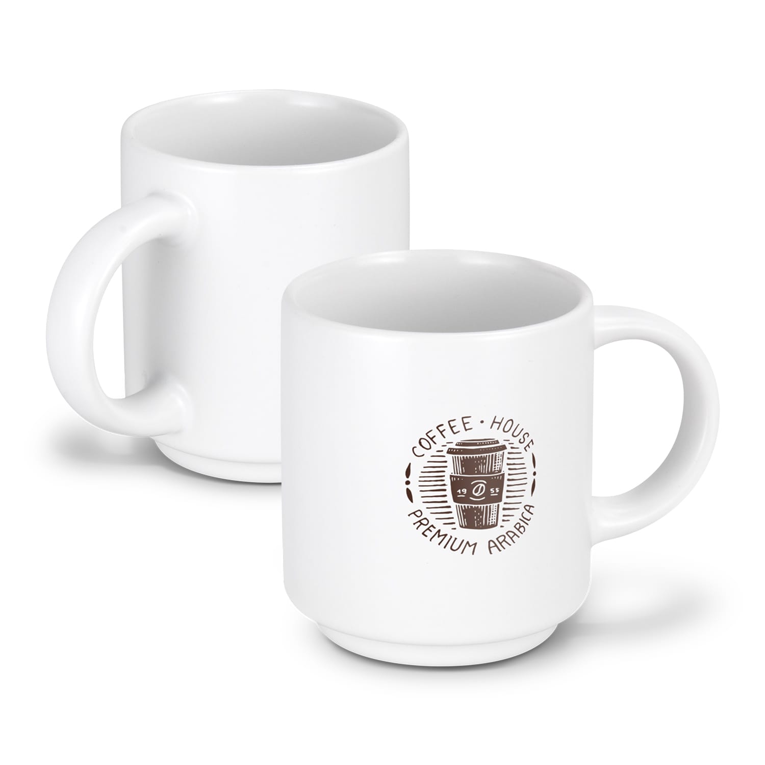 A stackable white espresso mug featuring a simple design and logo. Ideal for serving coffee drinks. Espresso Stackable Coffee Mug - Image 1