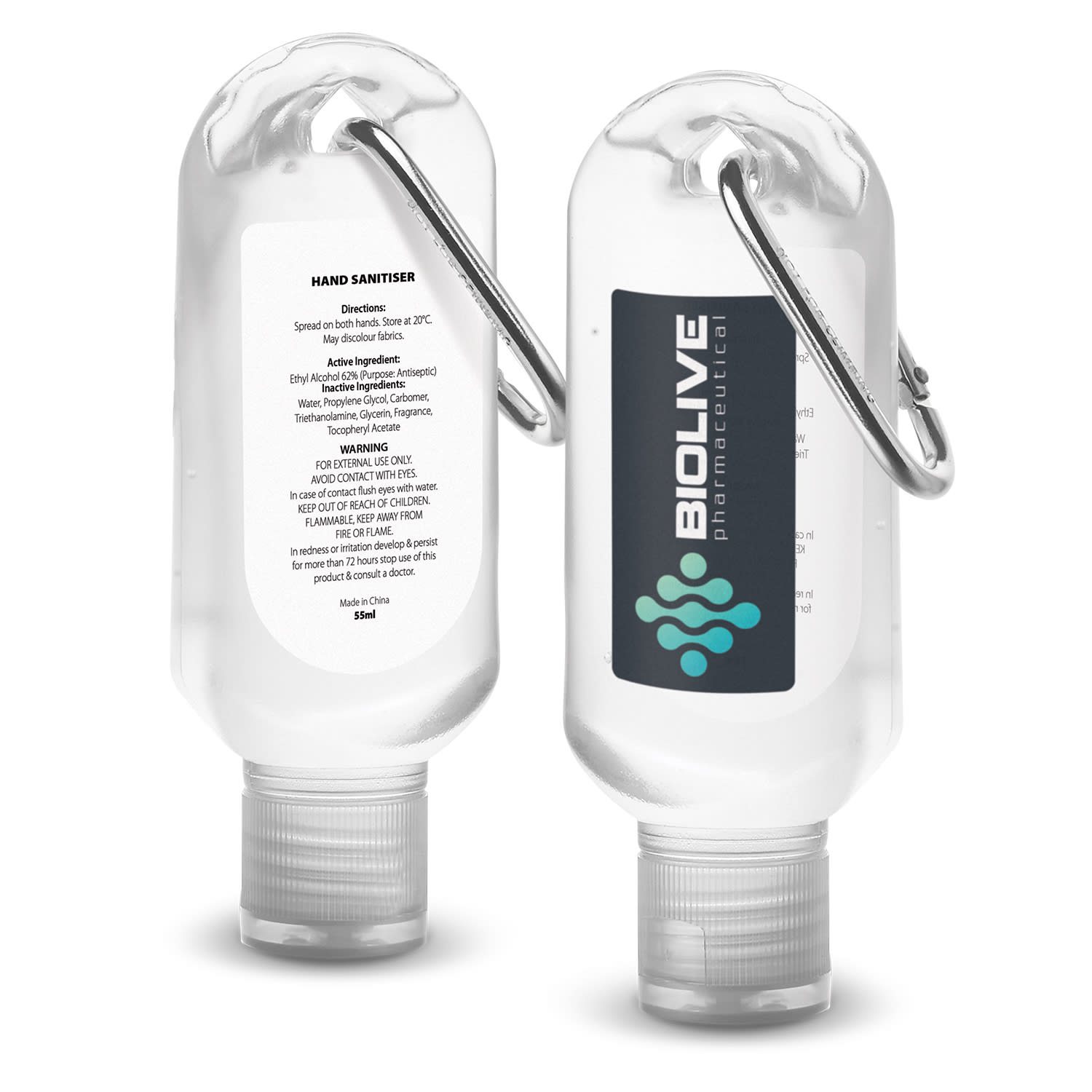 A transparent hand sanitiser bottle with a carabiner, 55ml capacity, featuring a logo and detailed ingredient information. Carabiner Hand Sanitiser 55ml - Image 1