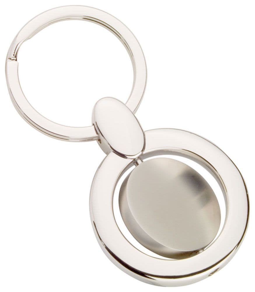A silver swivel keyring featuring a circular design with a smooth finish and a central pivot point. Swivel Keyring - Image 1