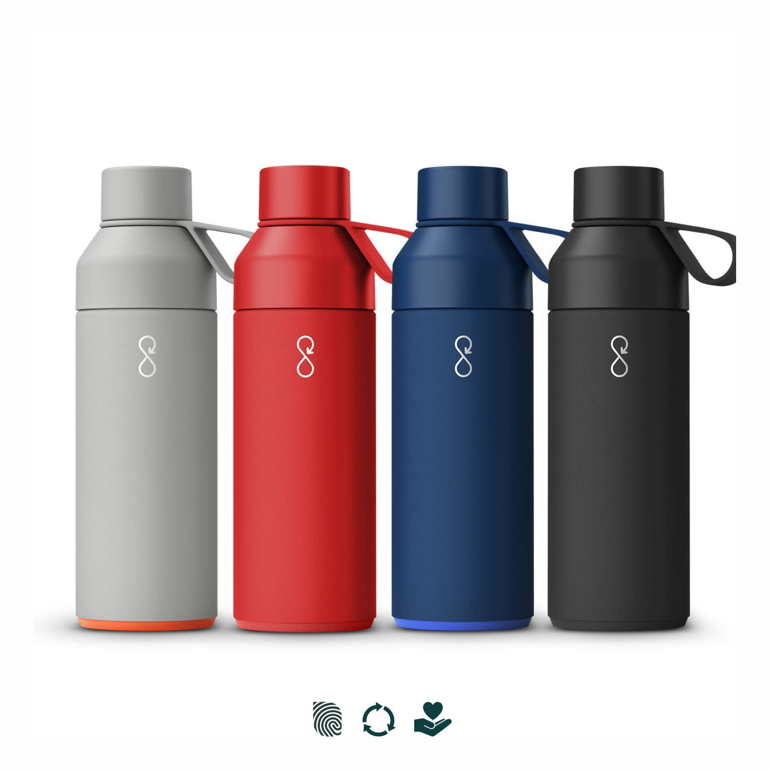 A drink bottle collection featuring grey, red, blue, and black variations, each with a logo and a sturdy carrying strap. Ocean Bottle Original Vacuum Bottle - Image 1