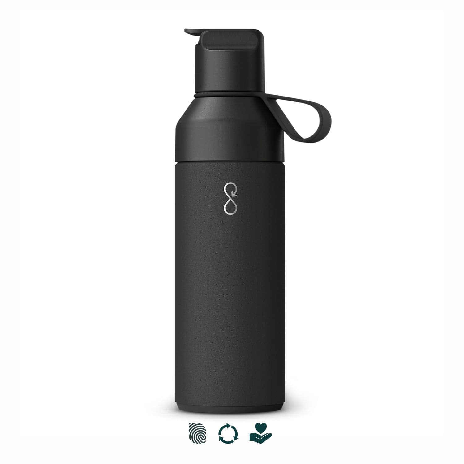 A drink bottle with a sleek, black design, featuring a spout lid and a carrying handle. It has a logo on the front. Ocean Bottle GO Vacuum Bottle - Image 1