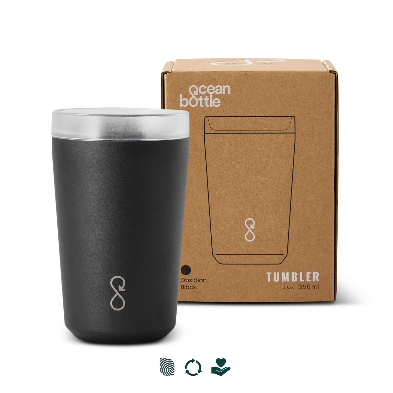 A drink bottle in obsidian black with a logo, accompanied by a cardboard box. The tumbler holds 12 oz (350 ml). Ocean Bottle Vacuum Tumbler - Image 1