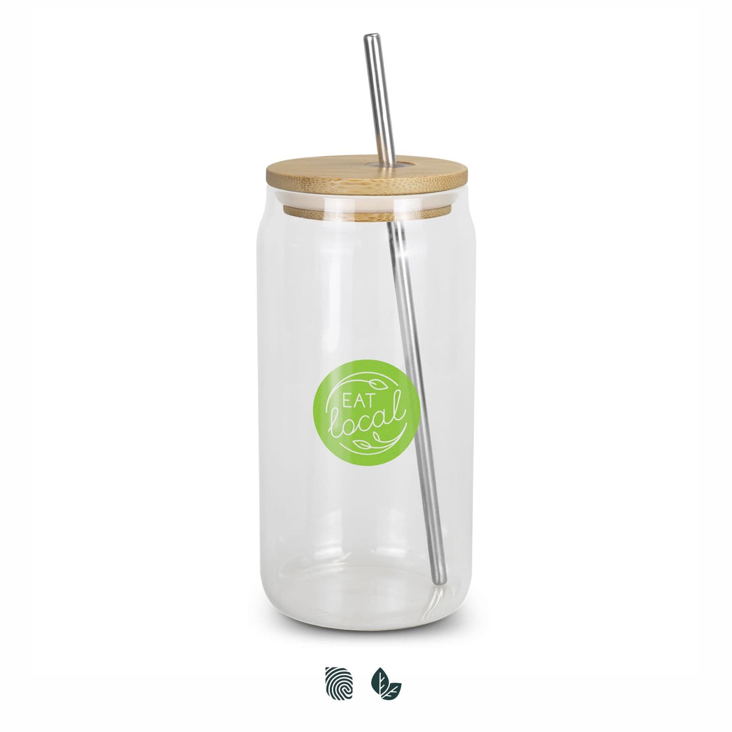 A clear glass tumbler with a bamboo lid and stainless steel straw, featuring a green logo. Fallon Glass Tumbler - Image 1