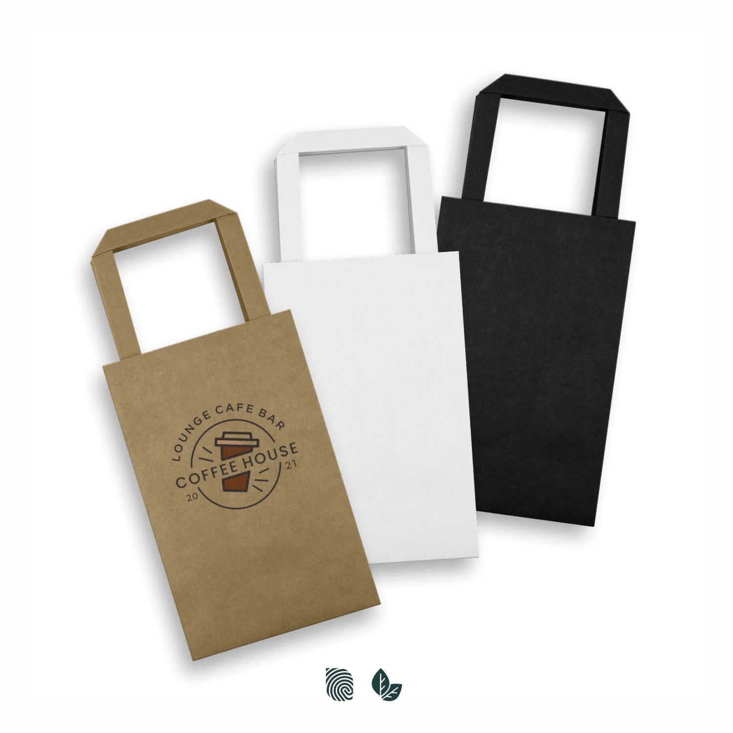 A set of three small flat handle paper bags in brown, white, and black, featuring a logo on one bag. Small Flat Handle Paper Bag Portrait - Image 1