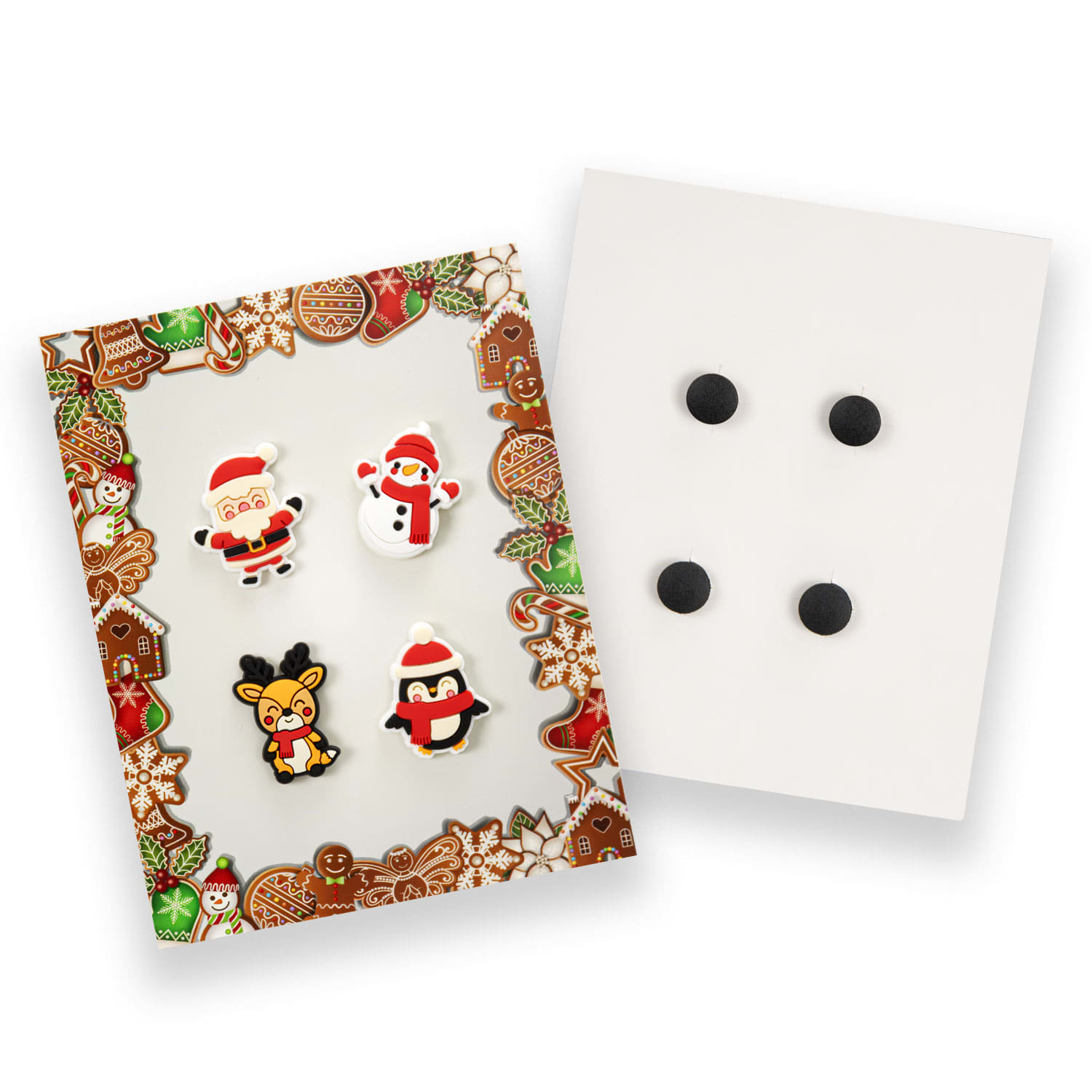 A pack of four custom shoe charms featuring Santa, a snowman, a penguin, and a reindeer, all in festive colours. Custom Shoe Charms - 4 Pack - Image 1