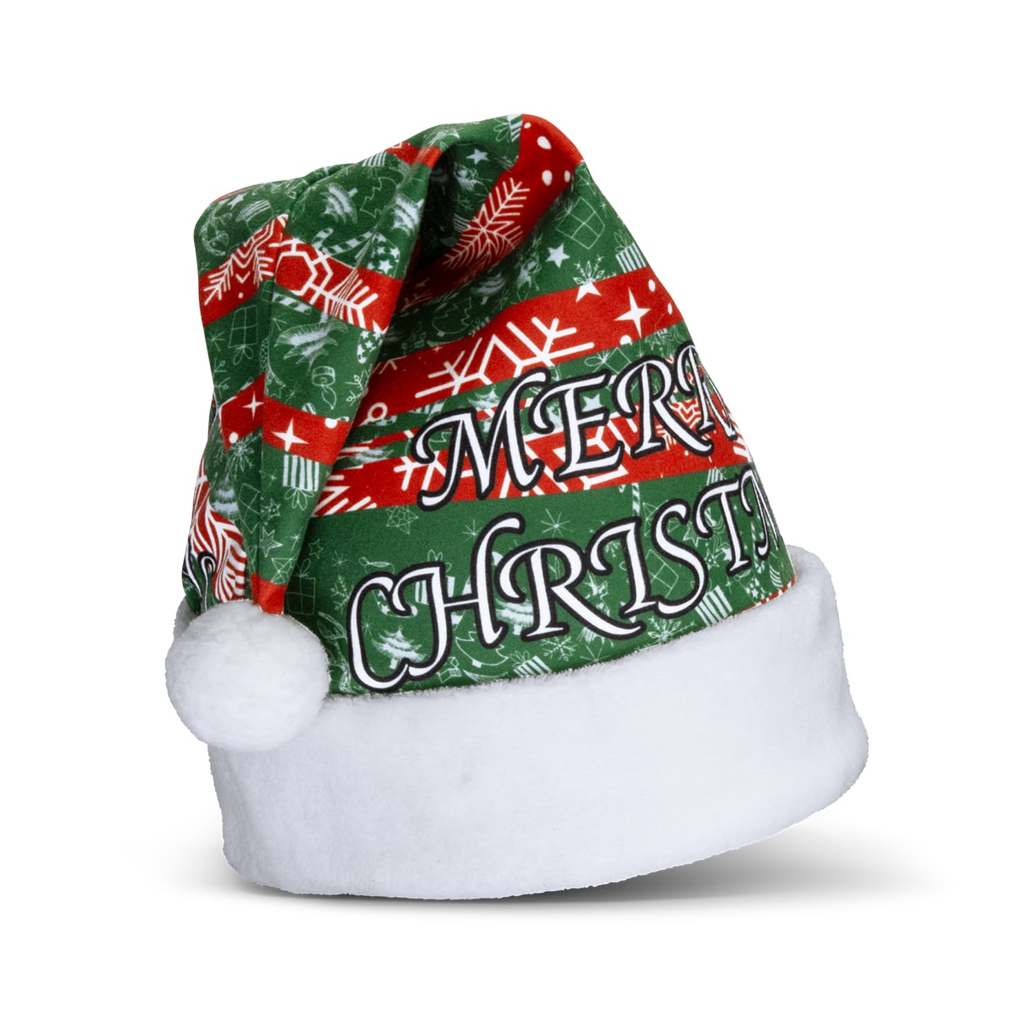 A festive Santa hat in red and green with white trim and a pom-pom, featuring holiday designs and lettering. Full Colour Santa Hat - Image 1
