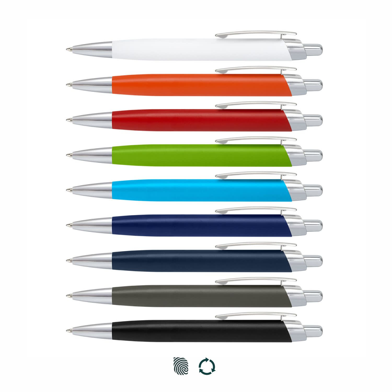 A collection of metal pens in white, orange, green, blue, red, navy, dark grey, and black, featuring silver accents and branding. Lexington Pen - Image 1