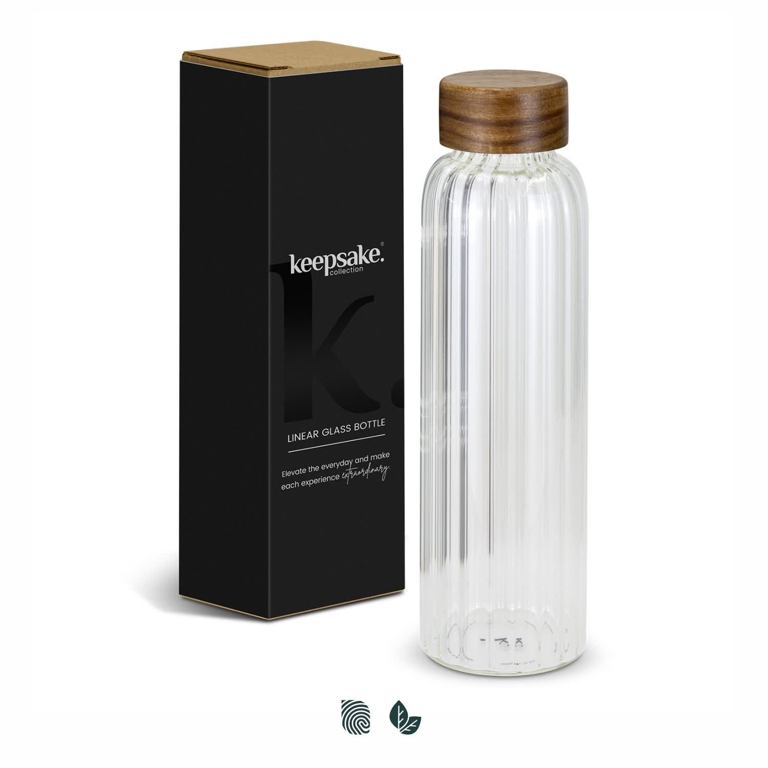 A drink bottle with a clear glass design, featuring a wooden lid and packaged in a sleek box. Keepsake Linear Glass Drink Bottle - Image 1