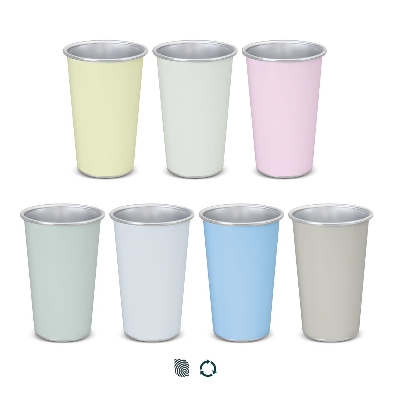 A set of colour-changing cups in pastel yellow, green, pink, blue, and grey with a metallic finish. Each cup has a logo. Chameleon Colour Changing Cup - Image 1