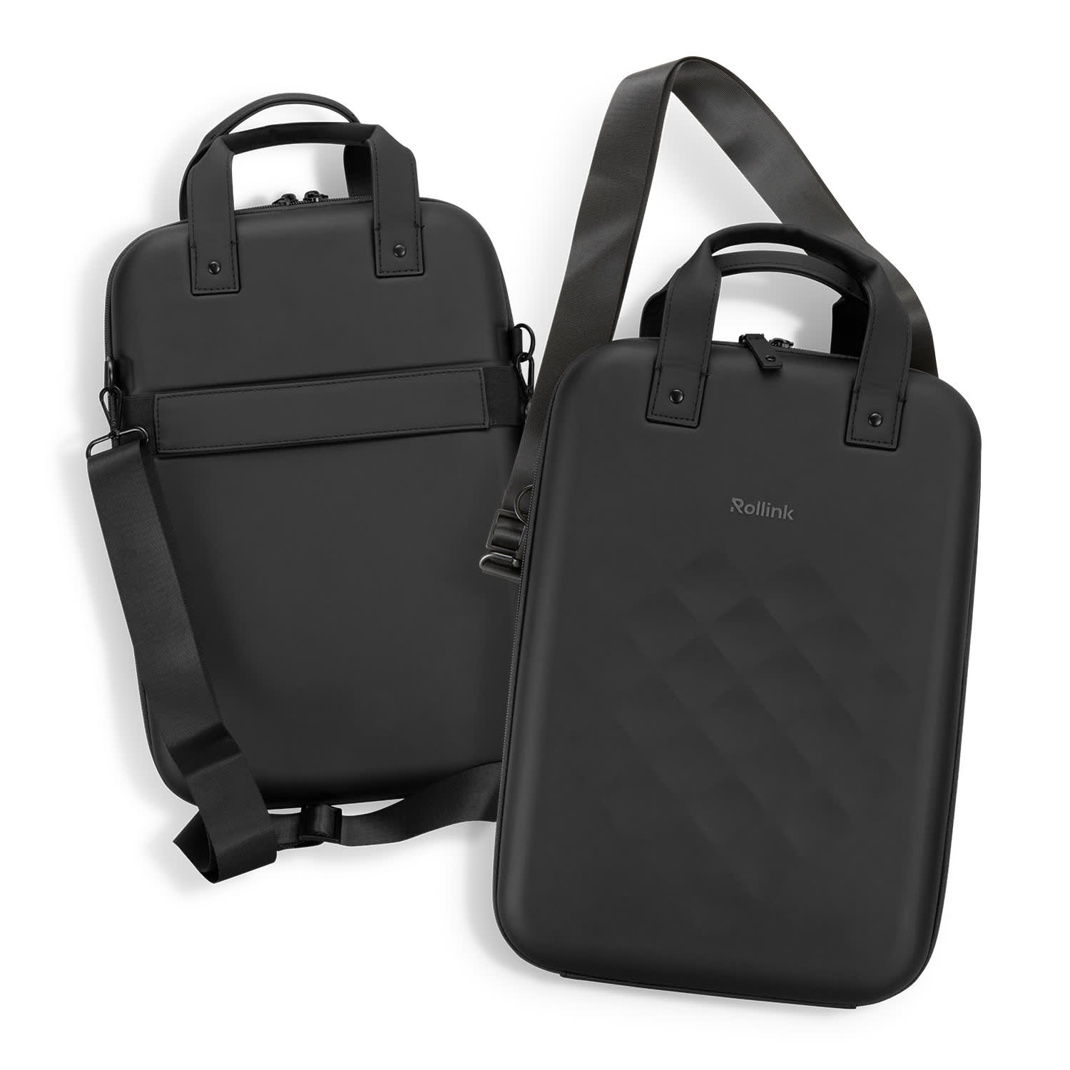 A black Rollink Laptop Case Go featuring a textured design, dual handles, and an adjustable strap. Rollink Laptop Case Go - Image 1