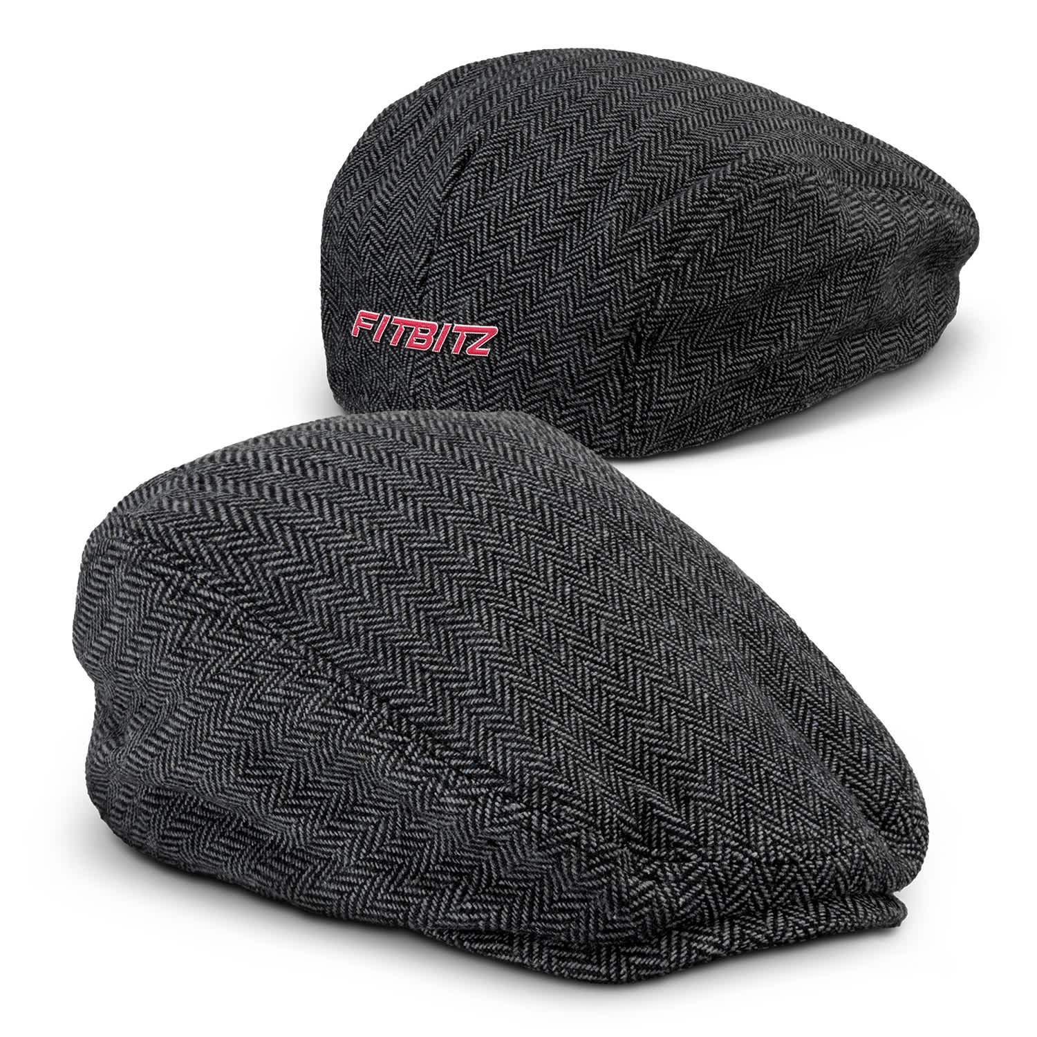 A tweed flat cap in grey herringbone pattern with a branding logo on the side. Preston Flat Cap - Image 1