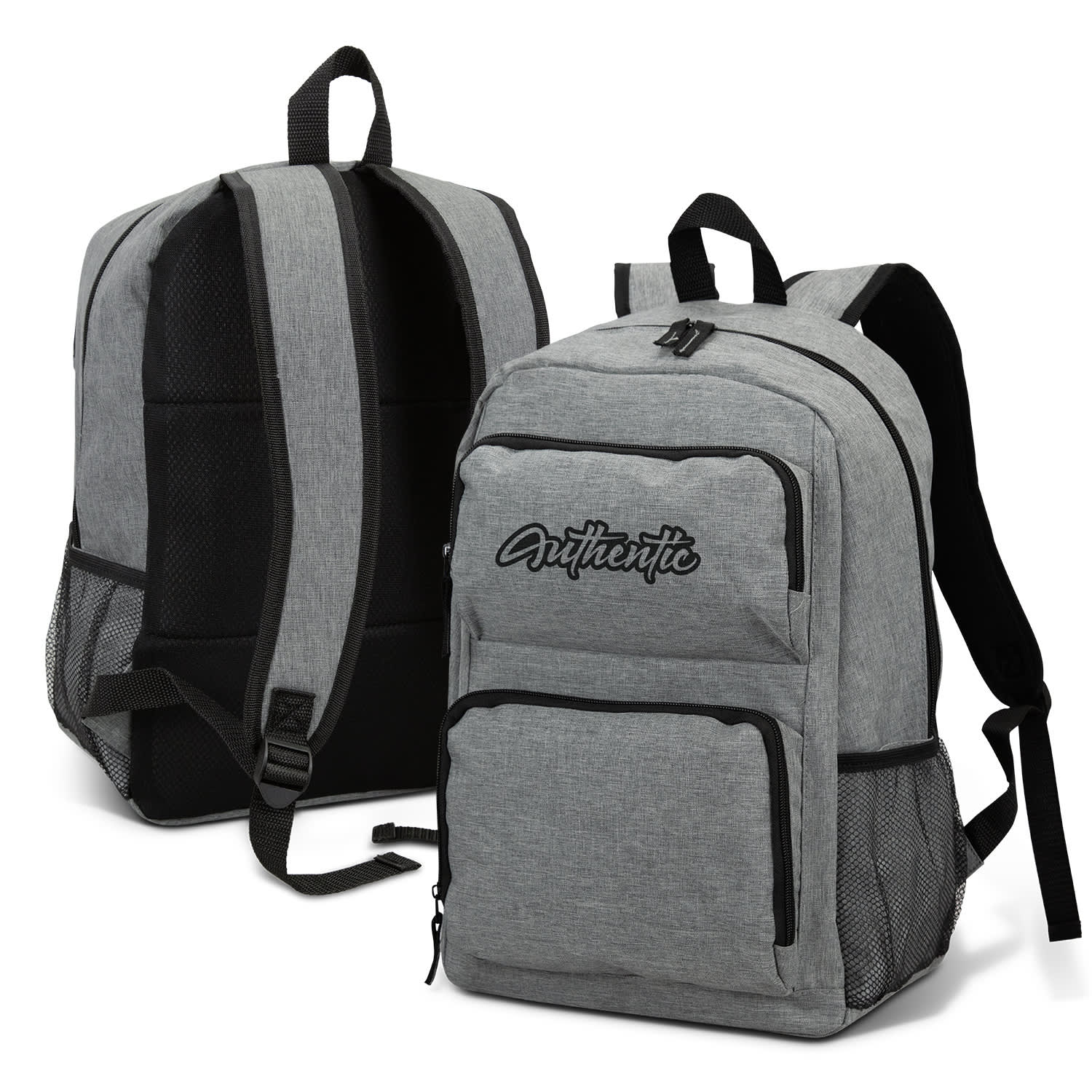 A grey backpack featuring padded straps, mesh side pockets, and a logo on the front. Sawyer Backpack - Image 1