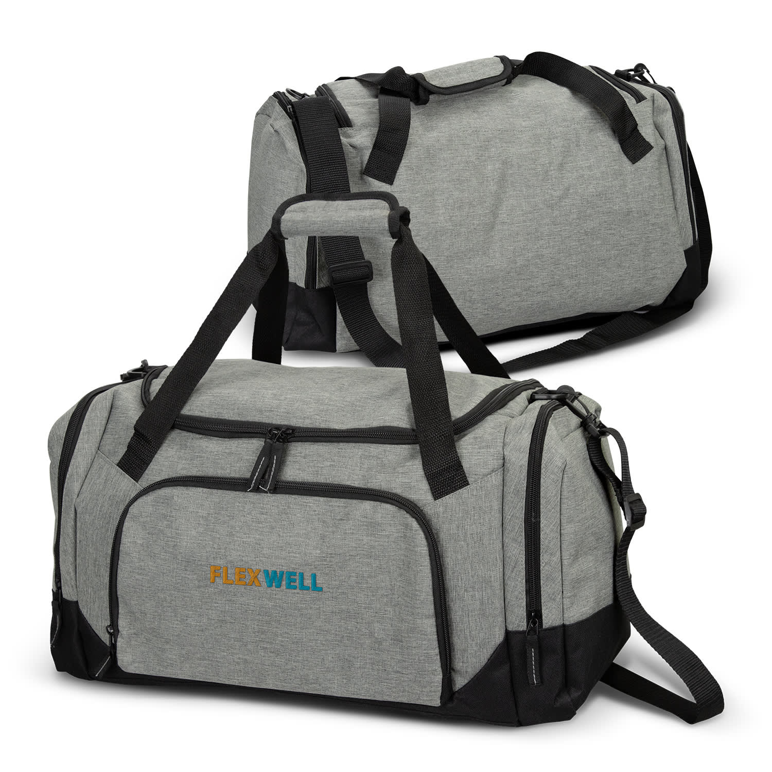 A grey duffle bag with black accents, featuring multiple handles and a logo on the front. Sawyer Duffle Bag - Image 1