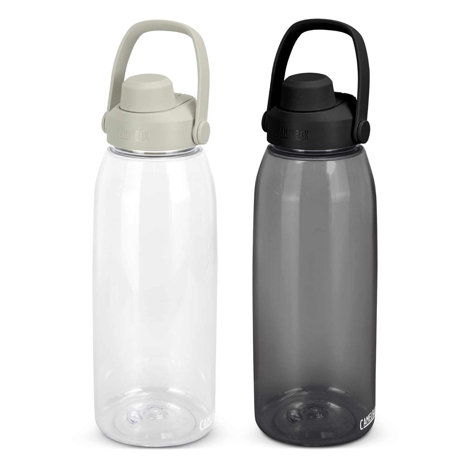 A drink bottle set featuring a clear bottle with a grey lid and a smoky black bottle with a black lid. Both have a handle. CamelBak Thrive Chug Bottle - 1.5L - Image 1