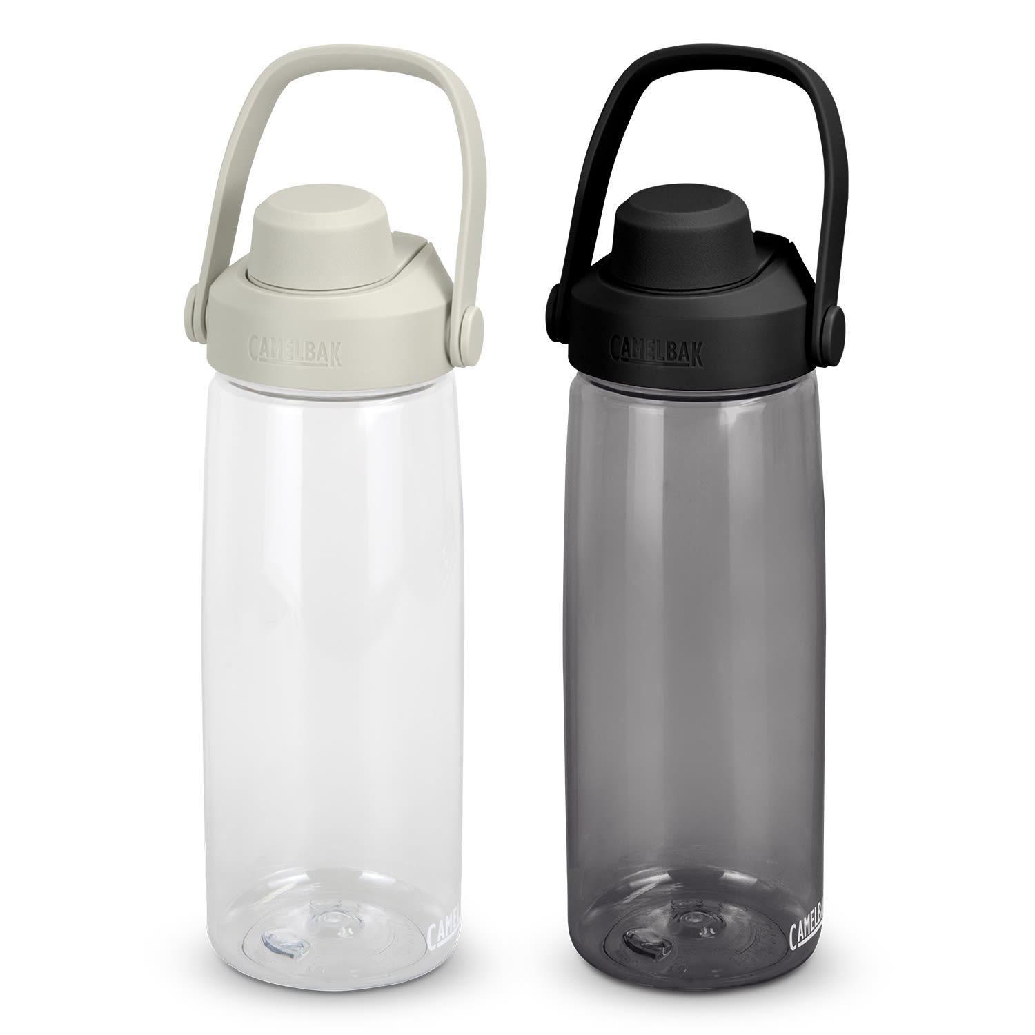 A drink bottle set featuring a light grey bottle and a dark grey bottle, both with carrying handles and logos. CamelBak Thrive Chug Bottle - 750ml - Image 1