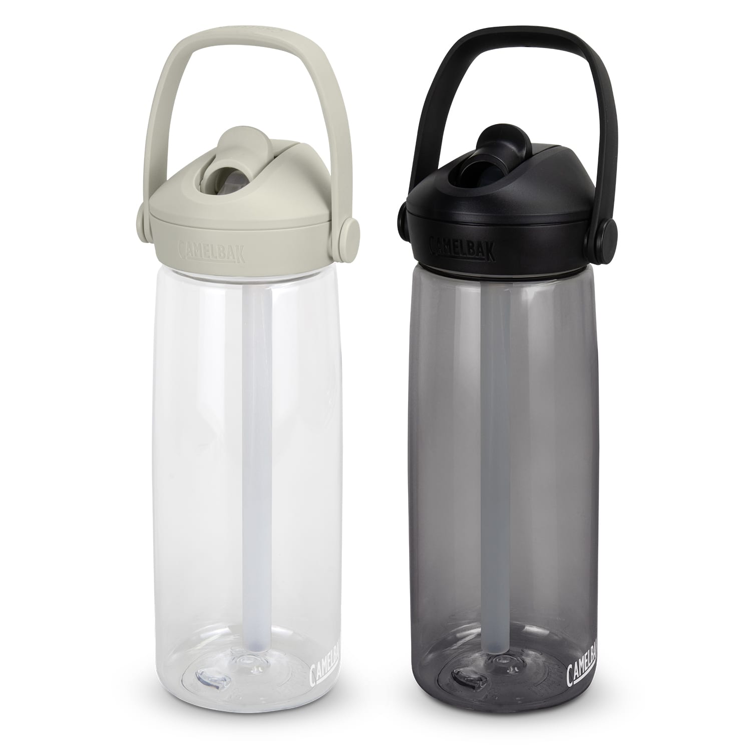 A drink bottle set featuring a clear bottle with a light grey lid and a dark grey bottle with a black lid, both with straws. CamelBak Thrive Flip Straw Bottle - 750ml - Image 1