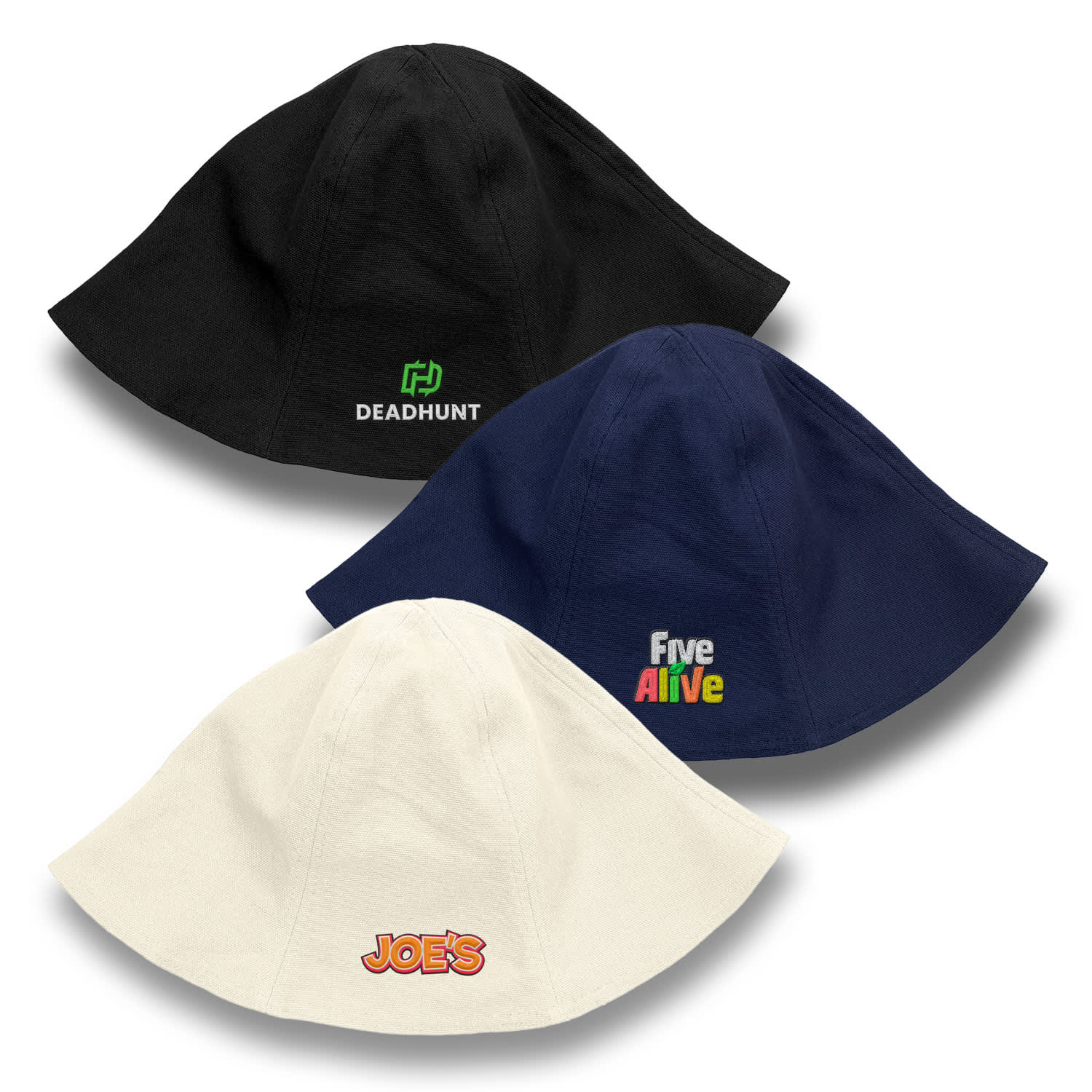 Three Byron Bucket Hats are displayed in black, navy, and cream, each featuring distinctive branding. Byron Bucket Hat - Image 1