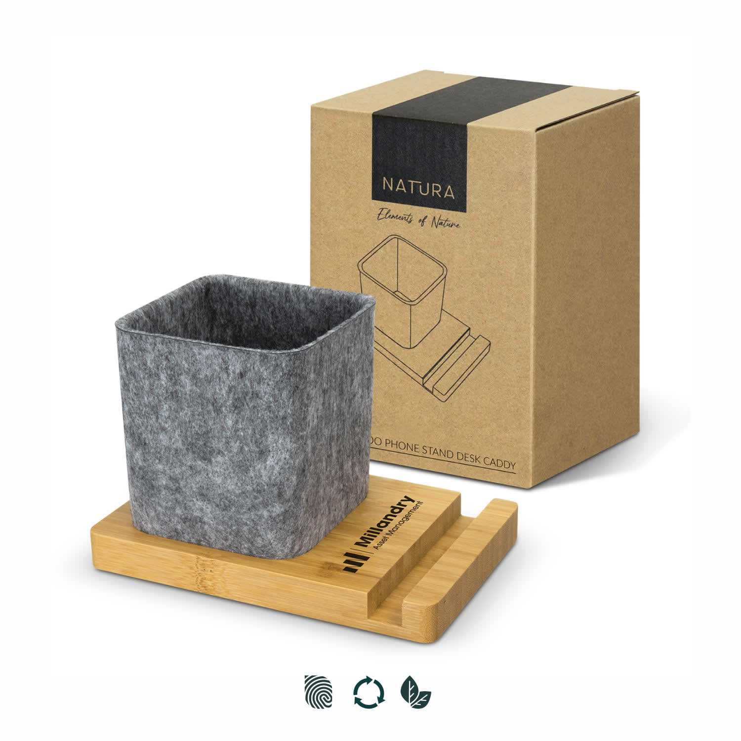 A bamboo phone stand desk caddy features a grey felt container and a wooden base, packaged in a brown box. NATURA Bamboo Phone Stand Desk Caddy - Image 1