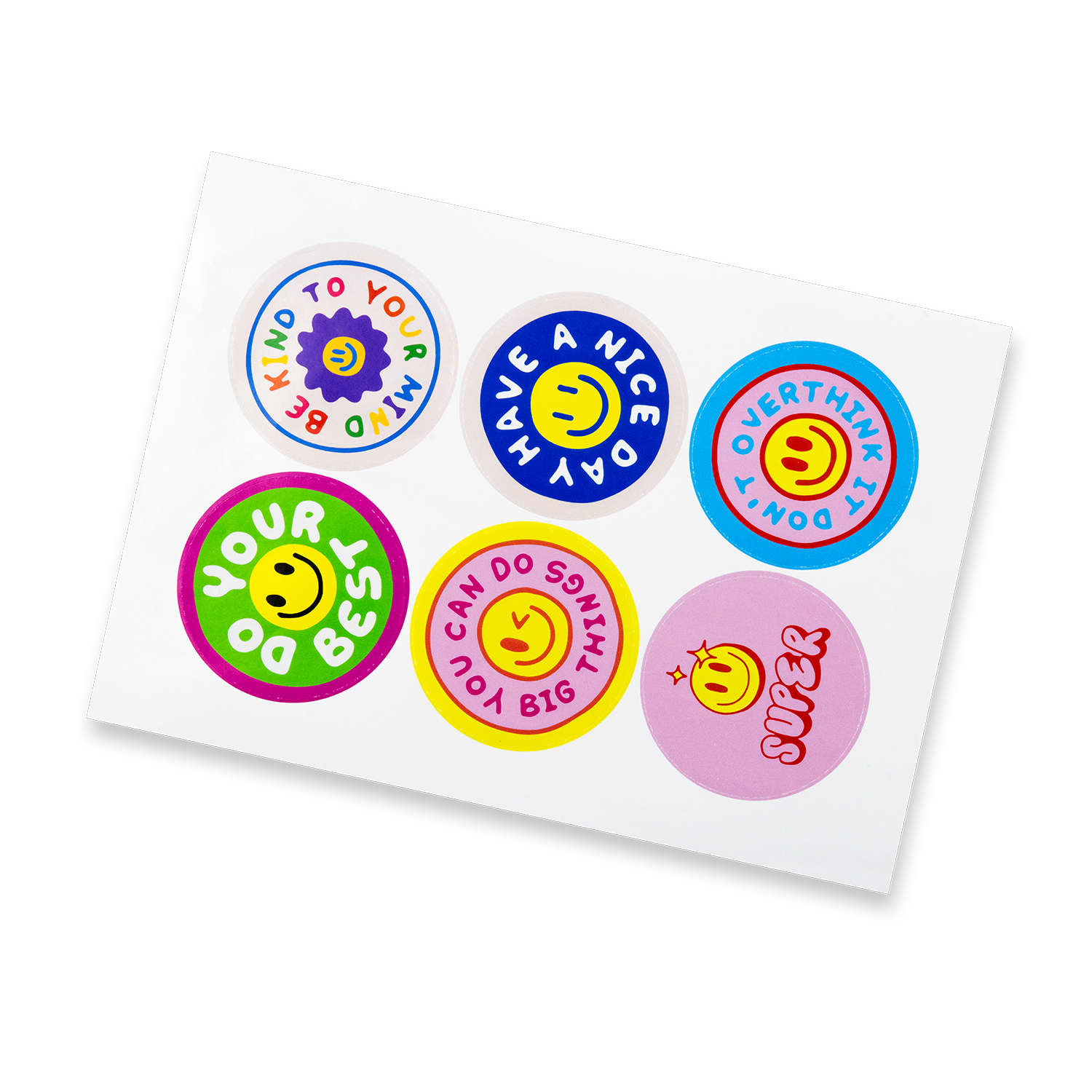A sheet of six glossy stickers featuring colourful circle designs with smiley faces and motivational phrases. Sticker Sheet 80mm Circle - Gloss - Image 1