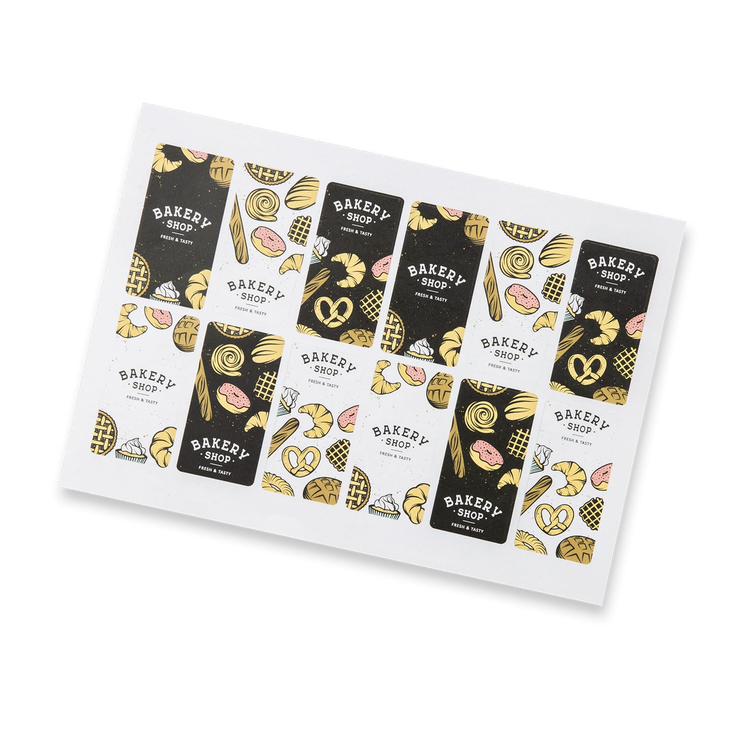 A rectangular matte sticker sheet featuring various bakery-themed designs in black, white, and pastel colours. Sticker Sheet 40 x 80mm Rectangle - Matte - Image 1