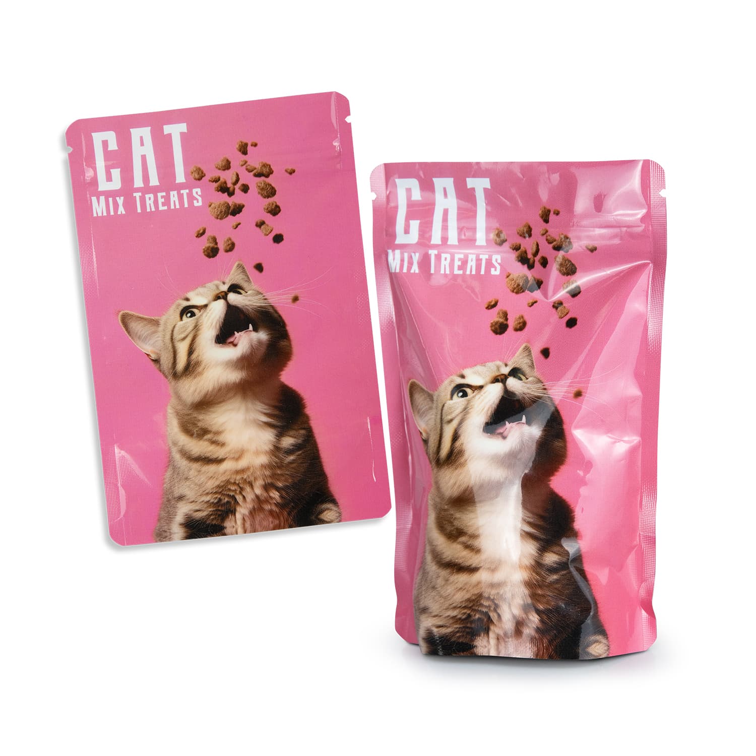 A pink foil stand-up pouch featuring a cat, filled with mix treats. The pouch includes a logo on the front. Foil Stand Up Pouch - Extra Small - Image 1