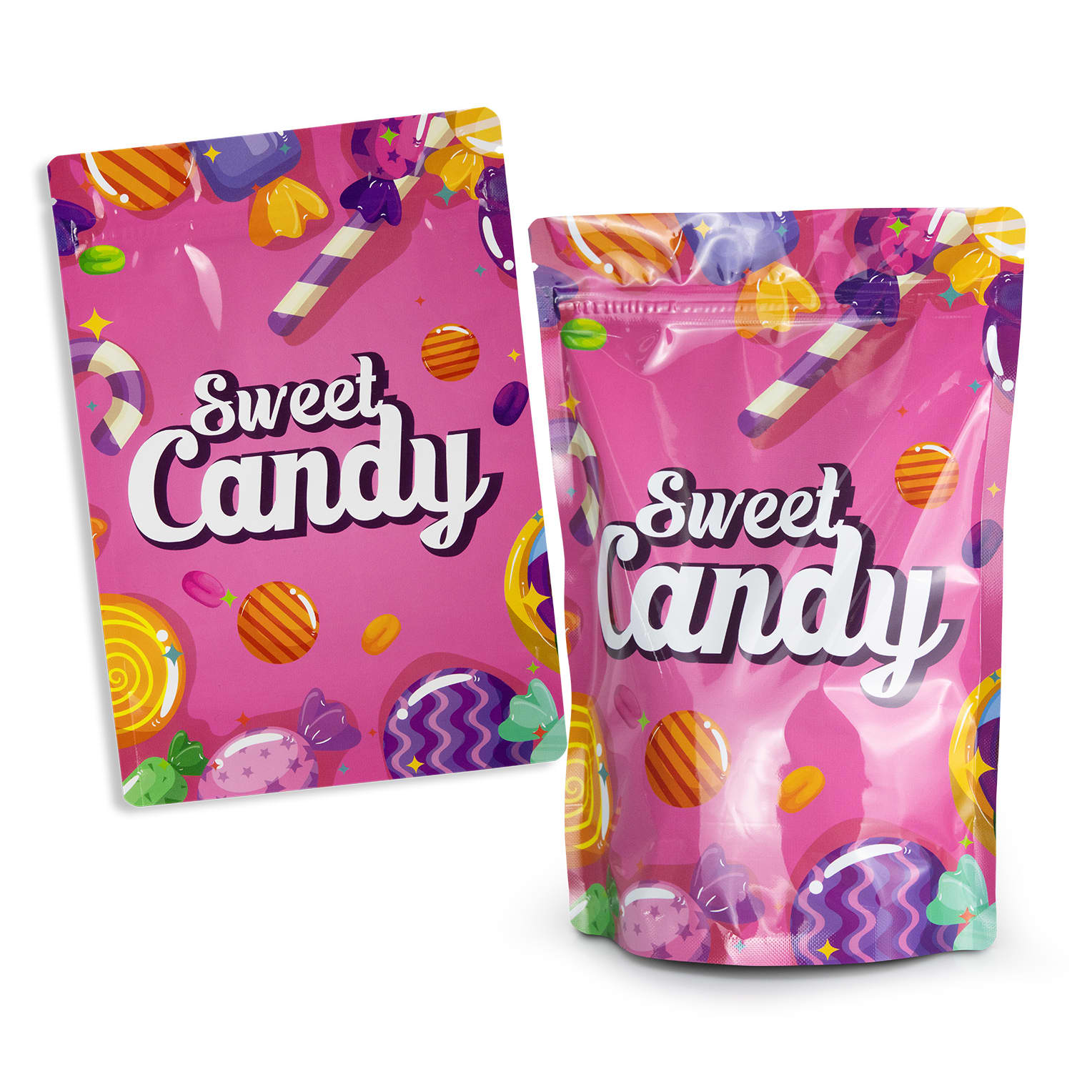 A medium foil stand-up pouch in pink with colourful candy graphics and a logo. Includes a flat pouch design. Foil Stand Up Pouch - Medium - Image 1