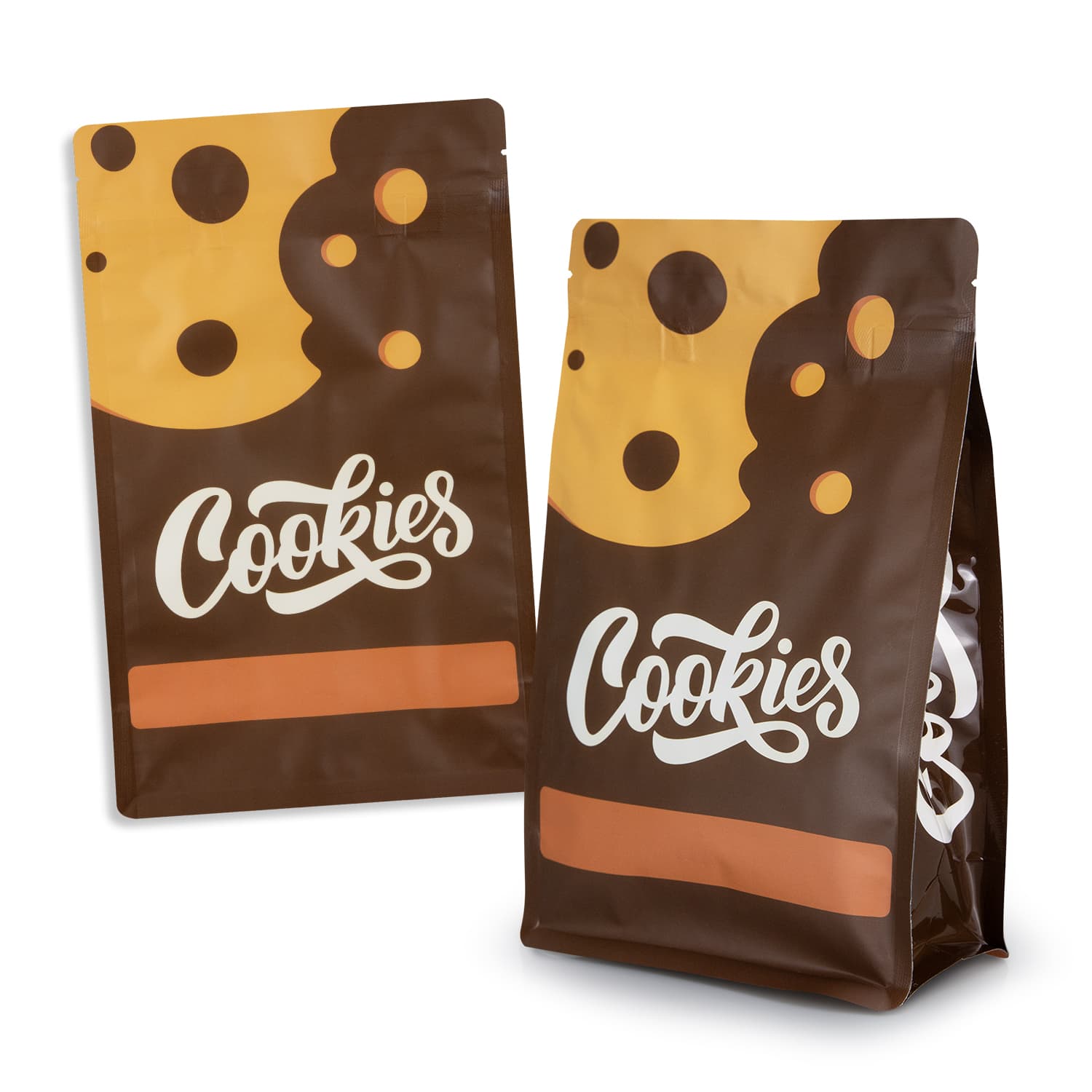 A small foil flat bottom pouch featuring a brown design with cookie graphics and a logo. Foil Flat Bottom Pouch - Small - Image 1