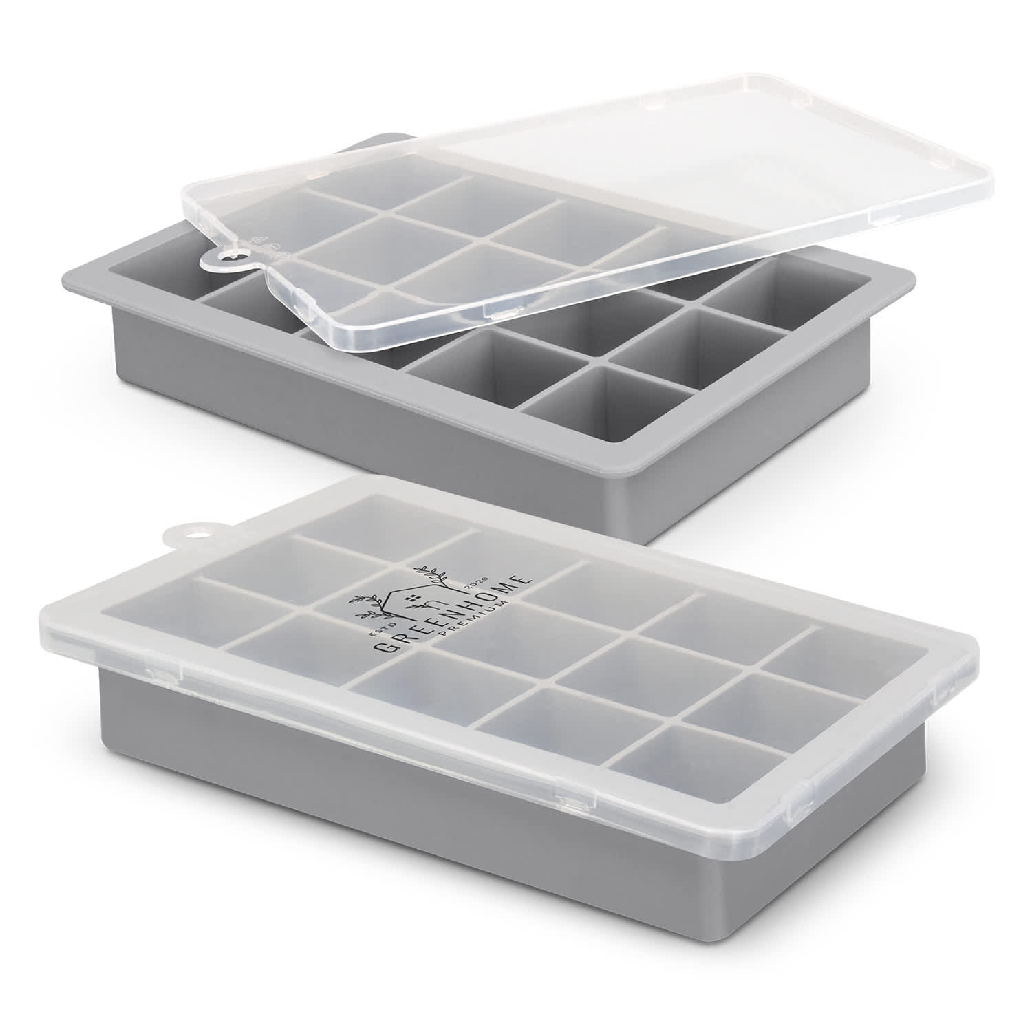 A grey ice tray with a lid, featuring multiple compartments for ice cubes. Includes a logo on the lid. Blizzard Ice Tray with Lid - Image 1