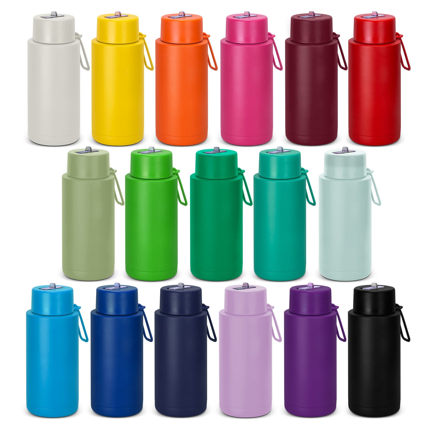 A drink bottle collection featuring various colours including white, yellow, pink, purple, green, and black, with a logo. Aura Vacuum Bottle - 1L - Image 1