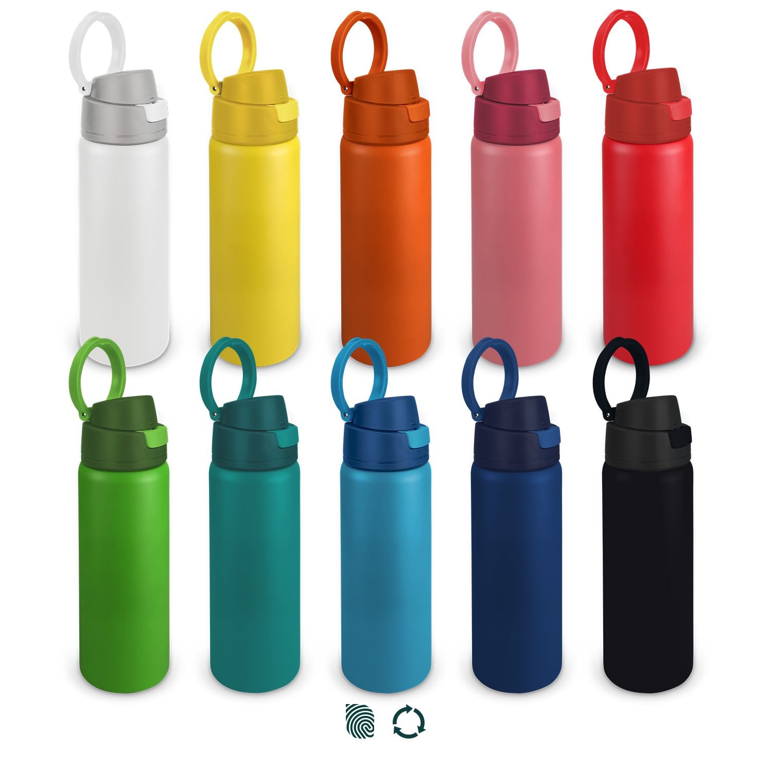 A range of Spyro Vacuum Bottles in various colours, including white, yellow, orange, pink, red, green, blue, and black. Each has a lid and a carrying loop. Spyro Vacuum Bottle - Image 1