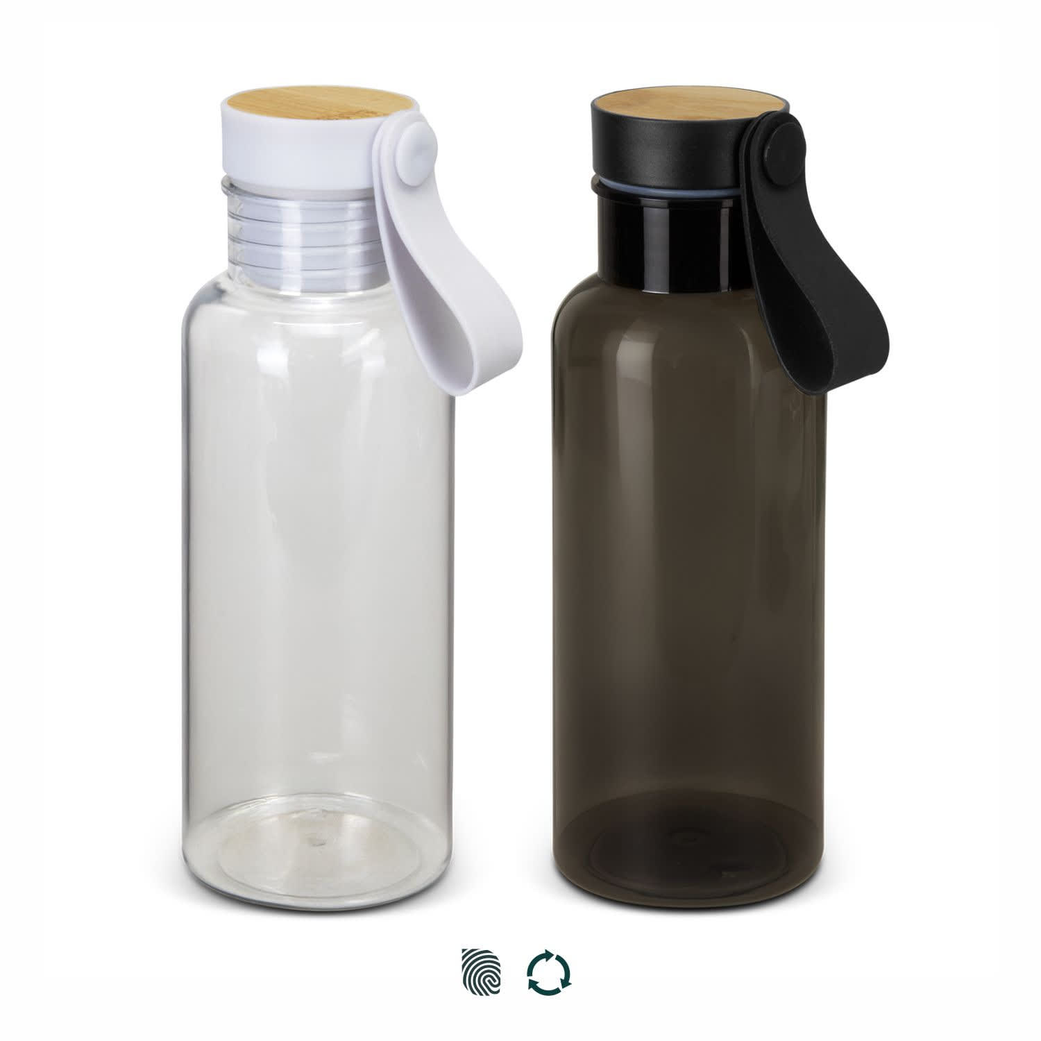 A drink bottle set featuring a clear bottle with a white lid and a dark grey bottle with a black lid. Each has a logo. Onslow RPET Bottle - Image 1