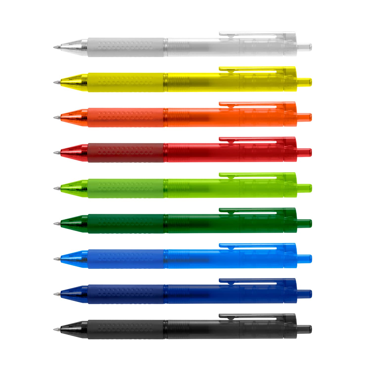 A row of ten Flow Gel Pens in various colours: clear, yellow, orange, green, dark green, blue, and black. Each has a logo. Flow Gel Pen - Image 1