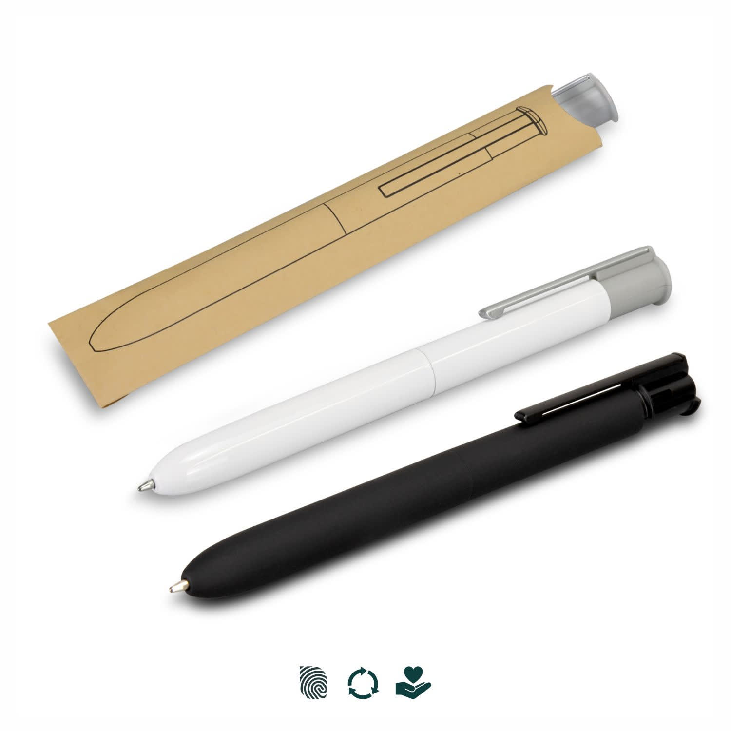 A set of three metal pens in black, white, and grey, displayed with a brown packaging. Each pen includes a clip and has a logo. SPICE Quatro Pen - Image 1