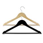 A wooden hanger set featuring a natural wooden hanger and a black hanger, both with metal hooks.