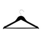 A black wooden hanger with a silver hook features a sleek design and curved edges.