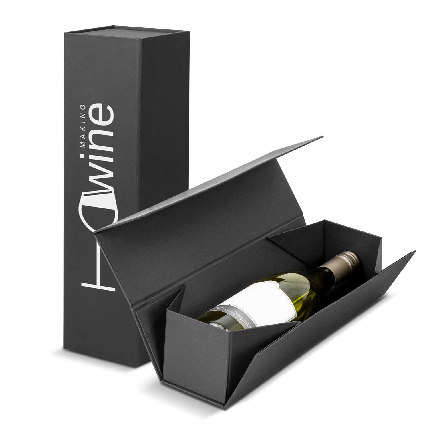 A wine bottle in a sleek black gift box, featuring a minimalist design and an interior cradle for protection. Malbec Wine Gift Box - Image 1