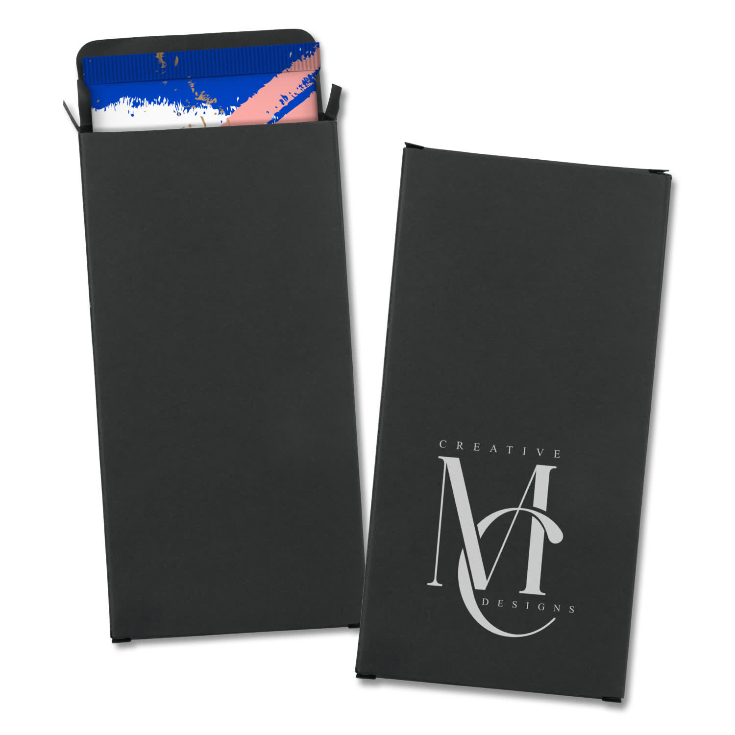 A small black box with a logo, containing a patterned chocolate bar inside. Hazel Chocolate Gift Box - Small - Image 1