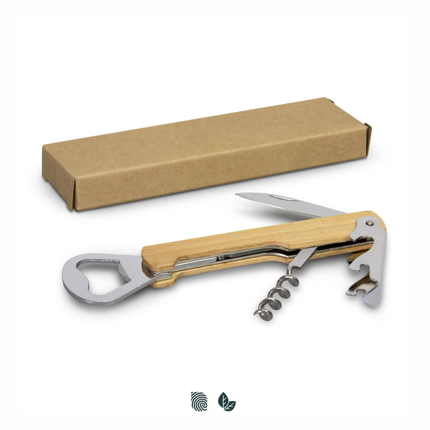 A wooden wine waiters knife with a stainless steel corkscrew and bottle opener, displayed with a brown cardboard box. Wooden Wine Waiters Knife - Image 1