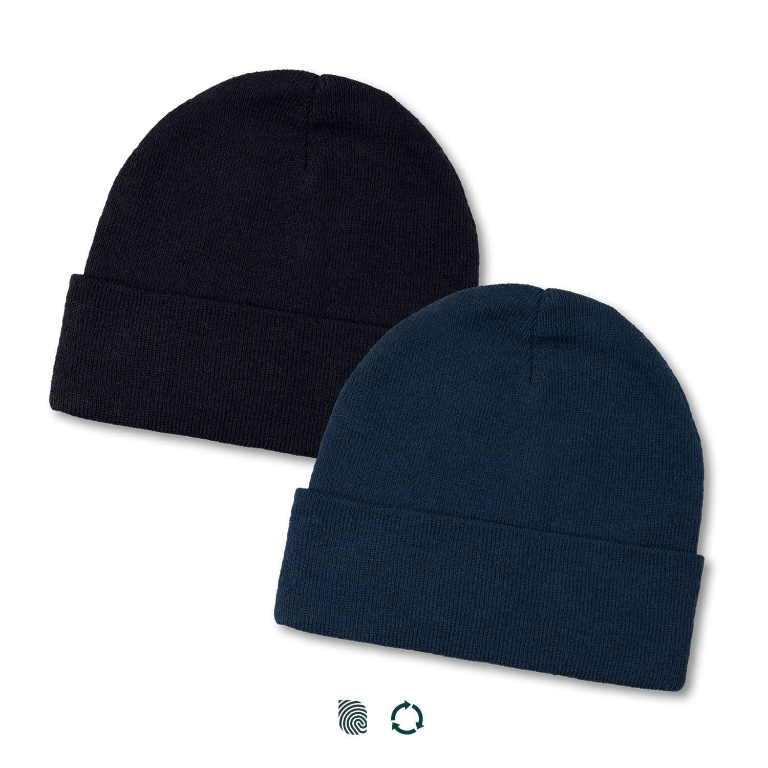 Two beanies in black and dark navy, made from recycled materials, displayed with a logo on each. Everest Recycled Beanie - Image 1