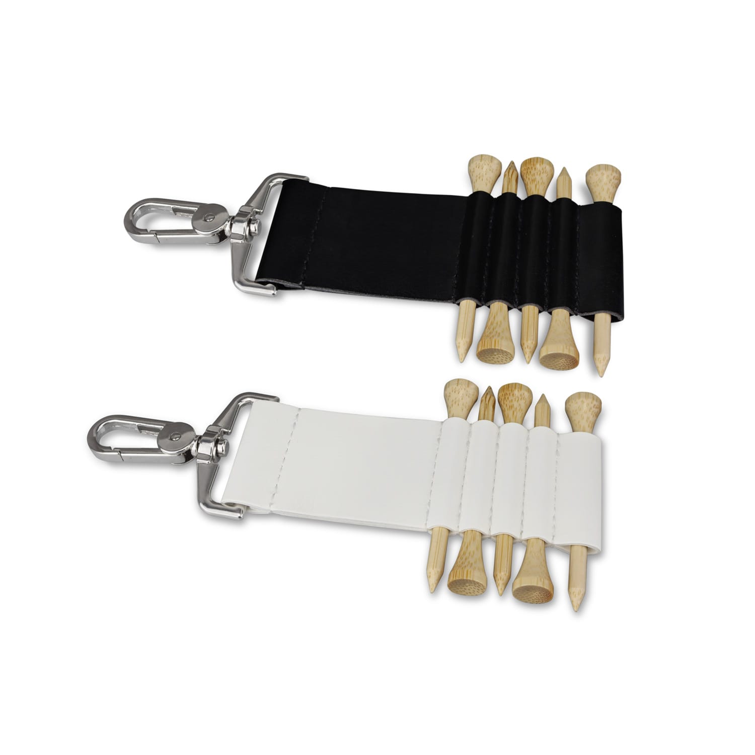 A black and white Fairway Golf Tee Holder with multiple wooden golf tees and a metal clip. Fairway Golf Tee Holder - Image 1