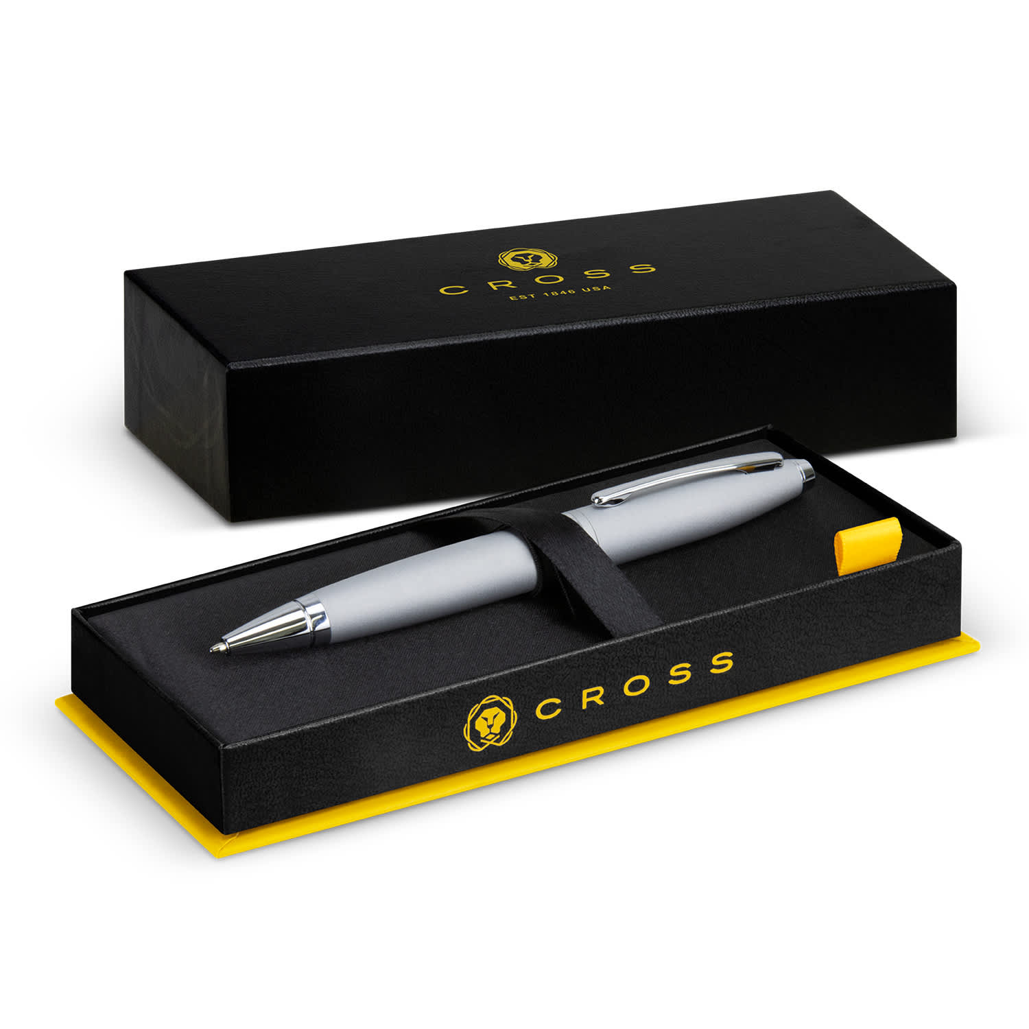 A silver ballpoint pen in a presentation box, featuring a logo and a yellow interior. Cross Calais Ballpoint Pen - Image 1
