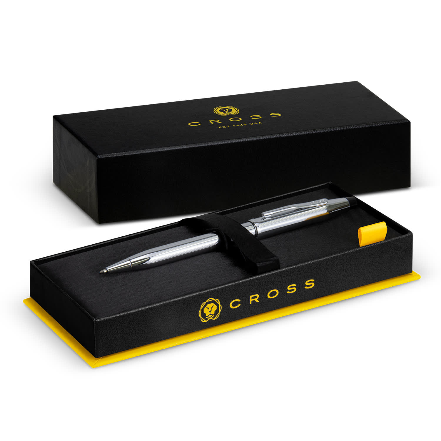 A silver ballpoint pen displayed in an elegant black and yellow box with a logo. Cross Century II Ballpoint Pen - Image 1