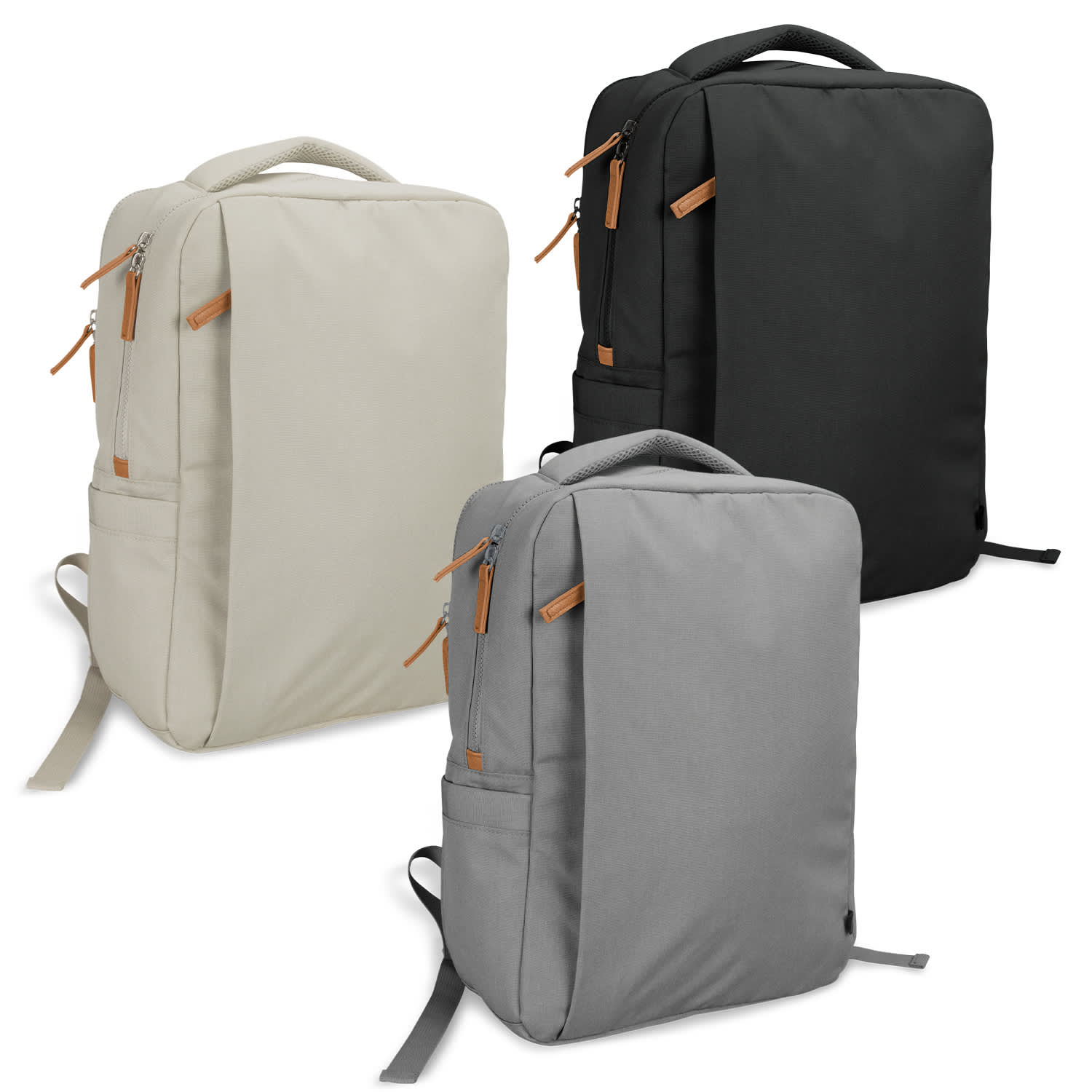 A range of three backpacks in cream, grey, and black, featuring zippers and a logo. ARCHER Galileo Daily Backpack - Image 1