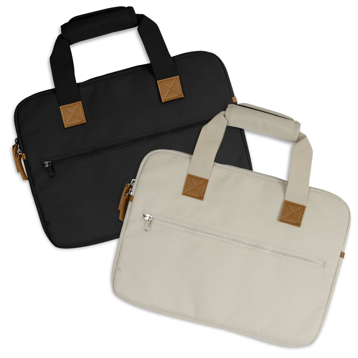 A laptop bag in black and beige, featuring two handles and a zippered front pocket. Includes branding. ARCHER Galileo Laptop Bag - Image 1