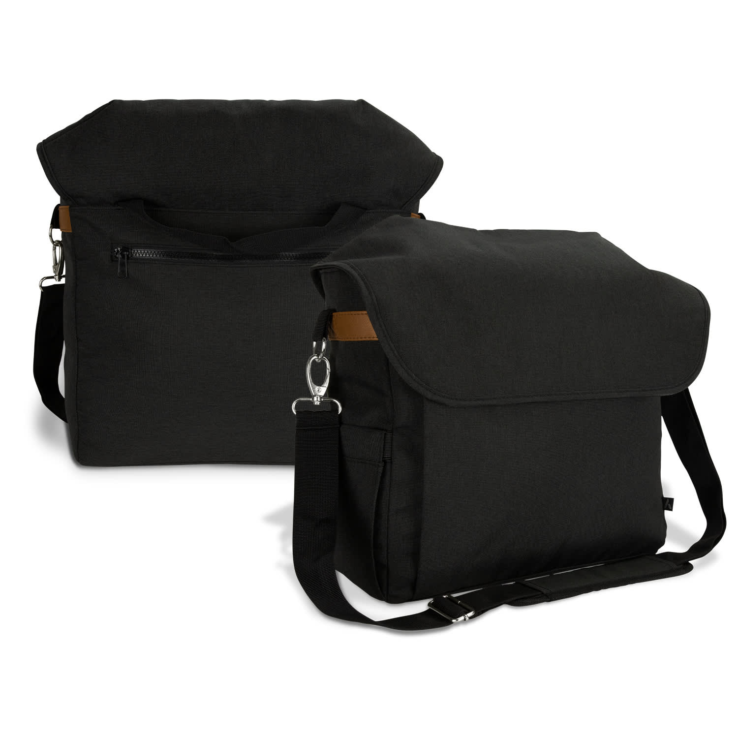 A black messenger bag with a flap closure, featuring a crossbody strap and a zippered pocket on the front. ARCHER Galileo Messenger Bag - Image 1