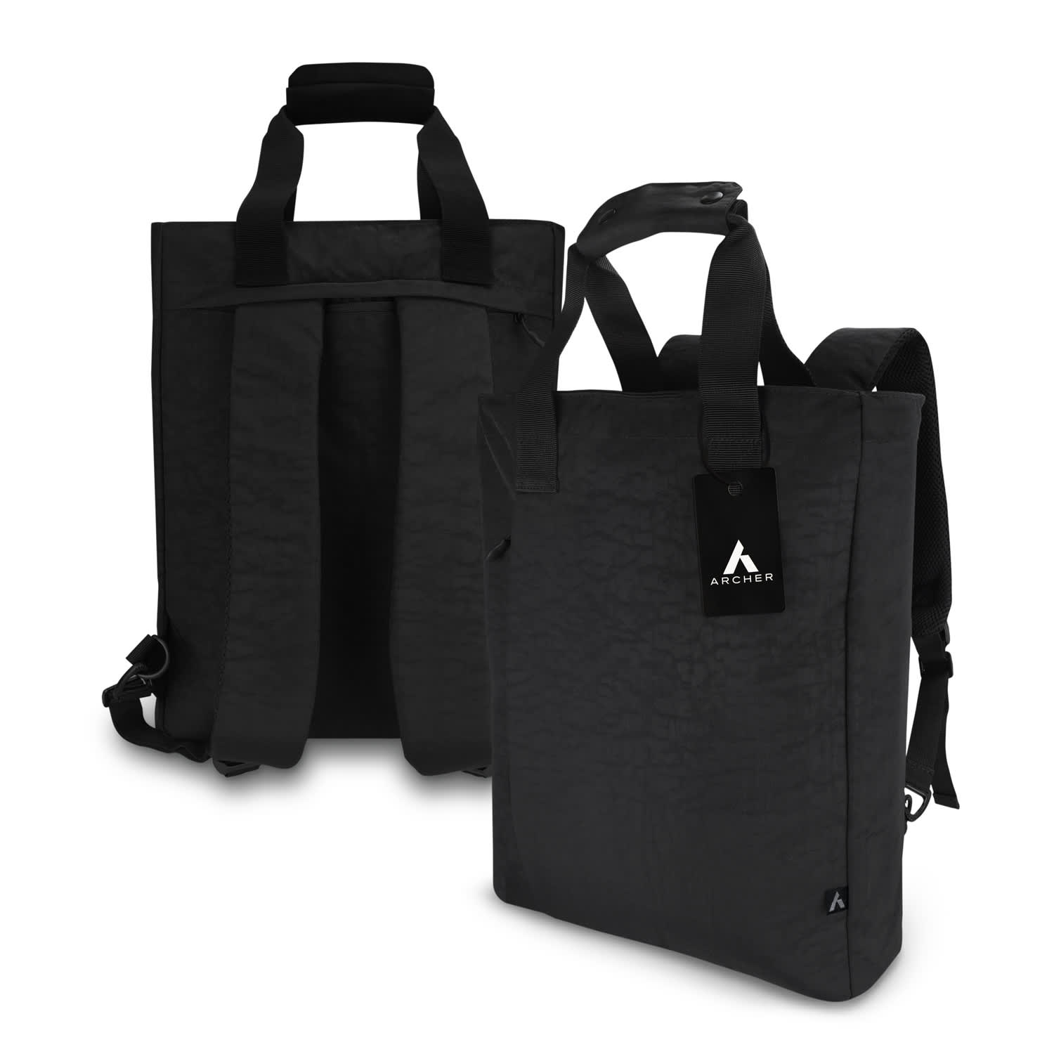 A black totpack with dual shoulder straps and a sleek design. It features a logo and is versatile for carrying items. ARCHER Tasman Totepack - Image 1